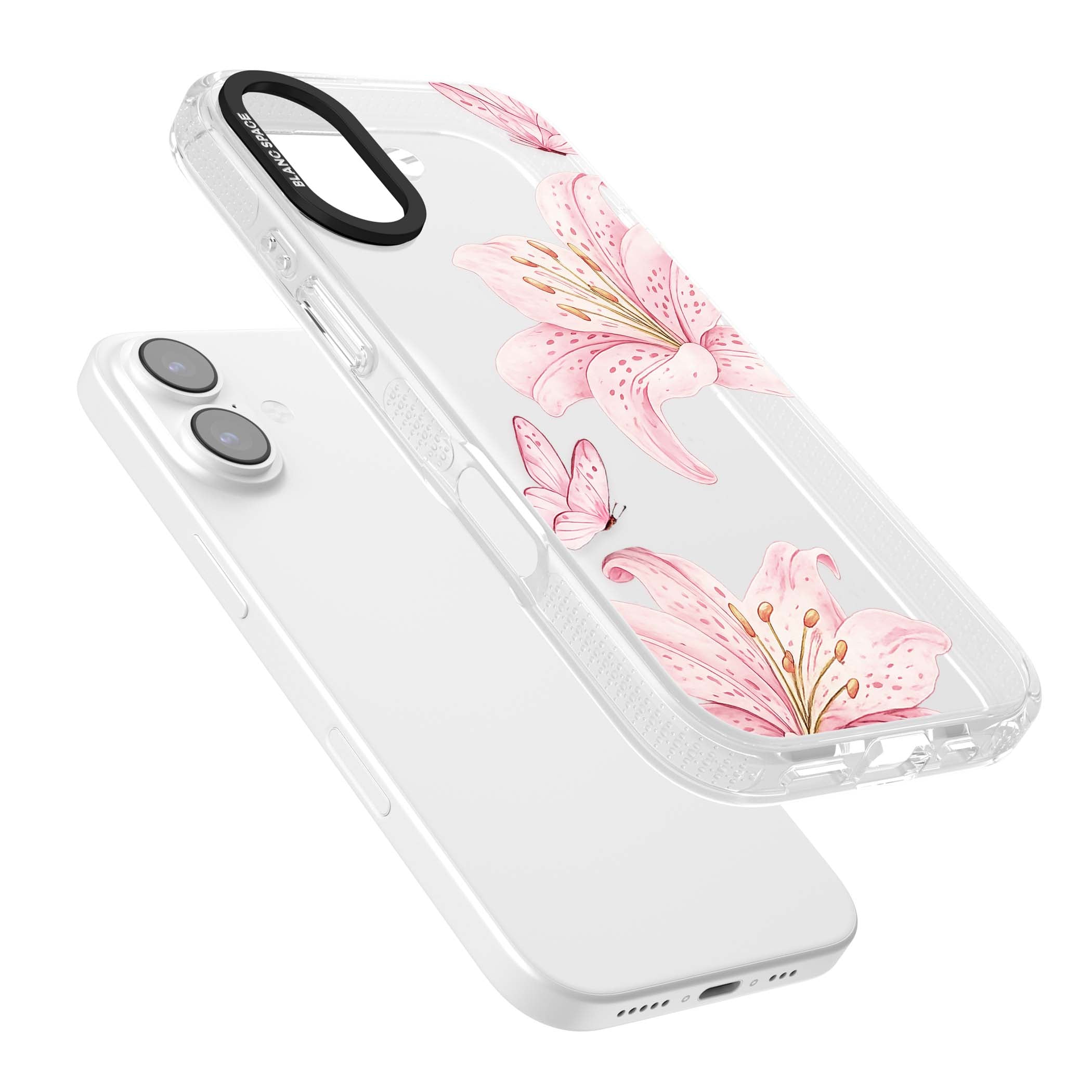 Lily Whisper floral iPhone case featuring pink watercolour lilies and delicate butterflies on a clear background | Clear Case Impact Air case for iPhone 17