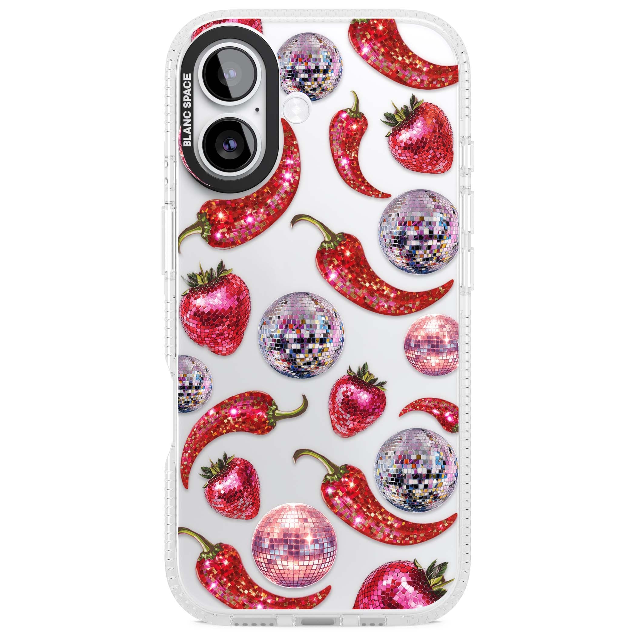 Spicy Disco Y2K iPhone case featuring glitter disco balls, sparkly strawberries and red chilli peppers | Clear Case Impact Air case for iPhone 17