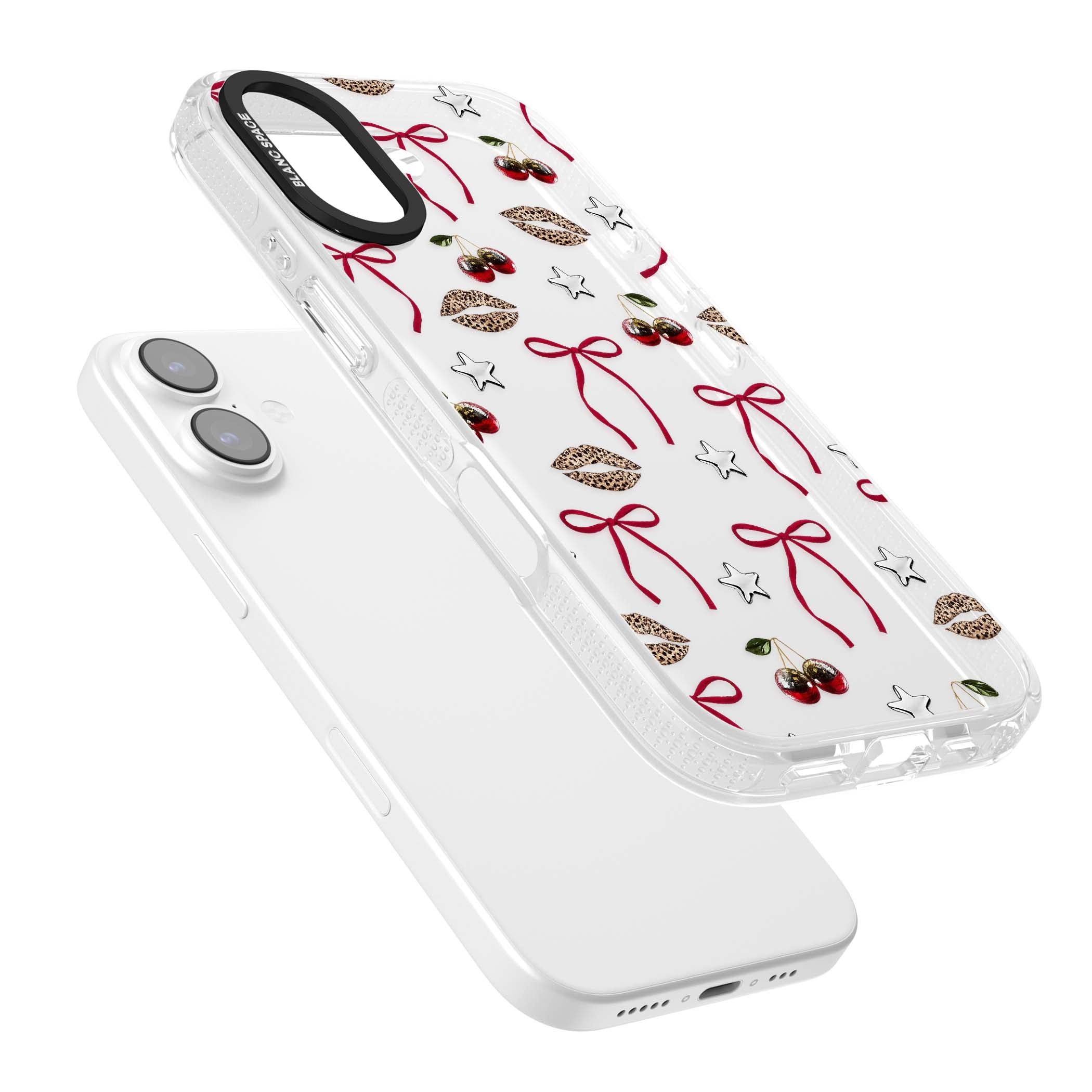 Starlet coquette iPhone case featuring red ribbon bows, disco cherries and leopard-print lips | Clear Case Impact Air case for iPhone 17