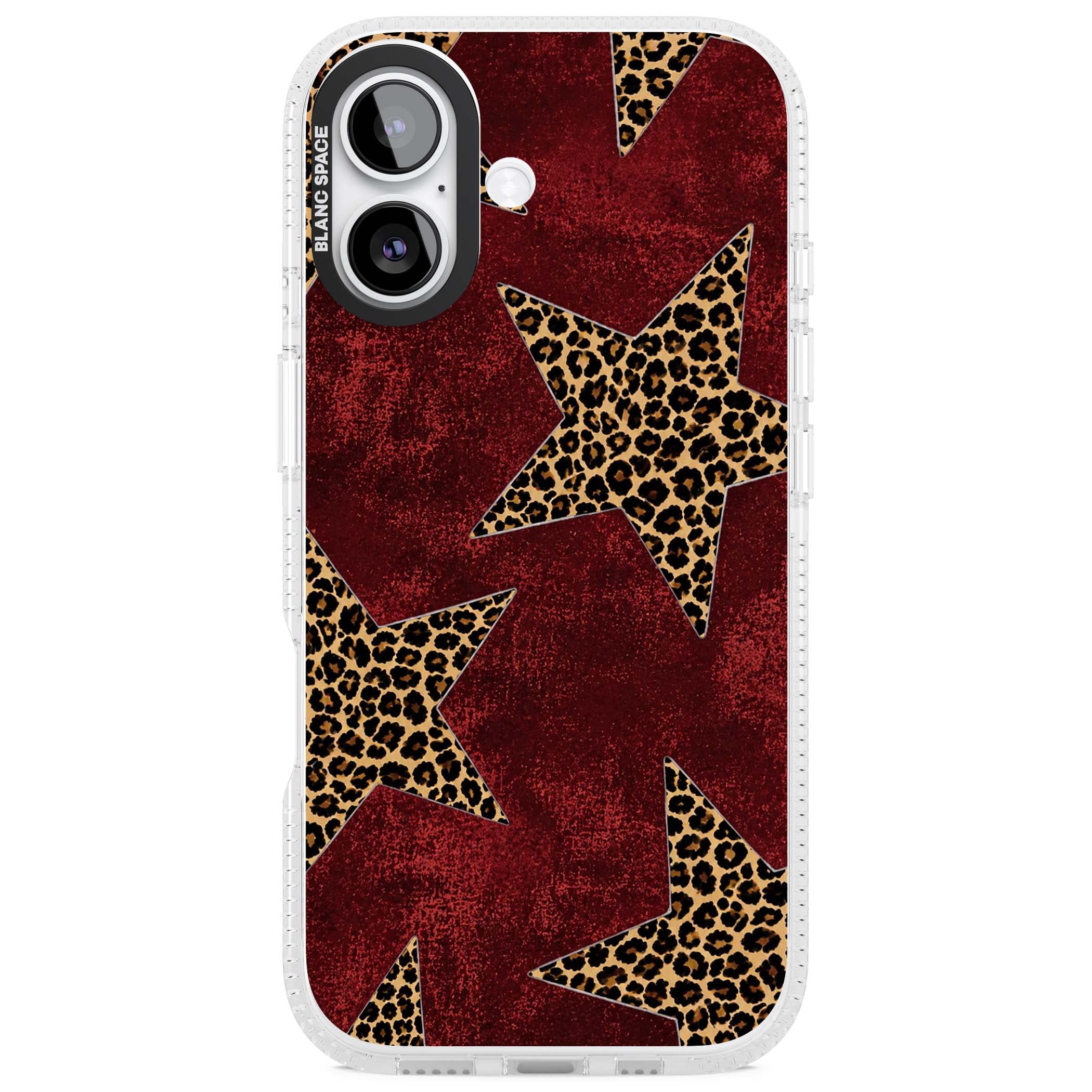Showgirl leopard print iPhone case featuring cheetah print stars on distressed red grunge background | Clear Case Impact Air case for iPhone 17