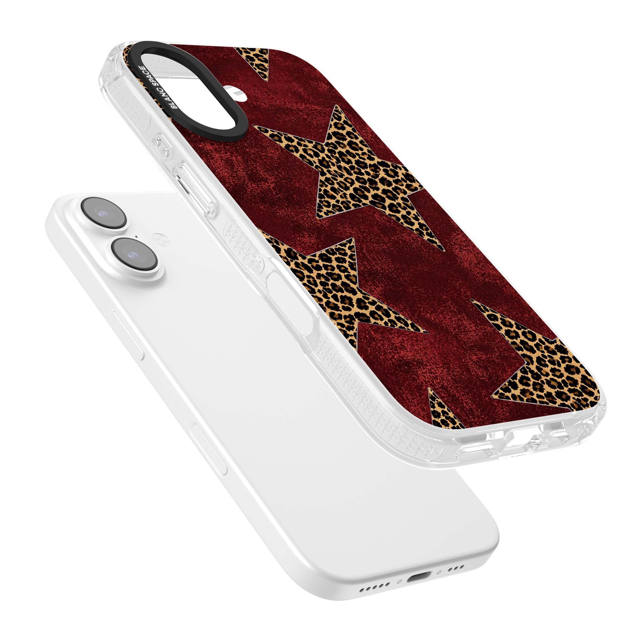 Showgirl leopard print iPhone case featuring cheetah print stars on distressed red grunge background | Clear Case Impact Air case for iPhone 17