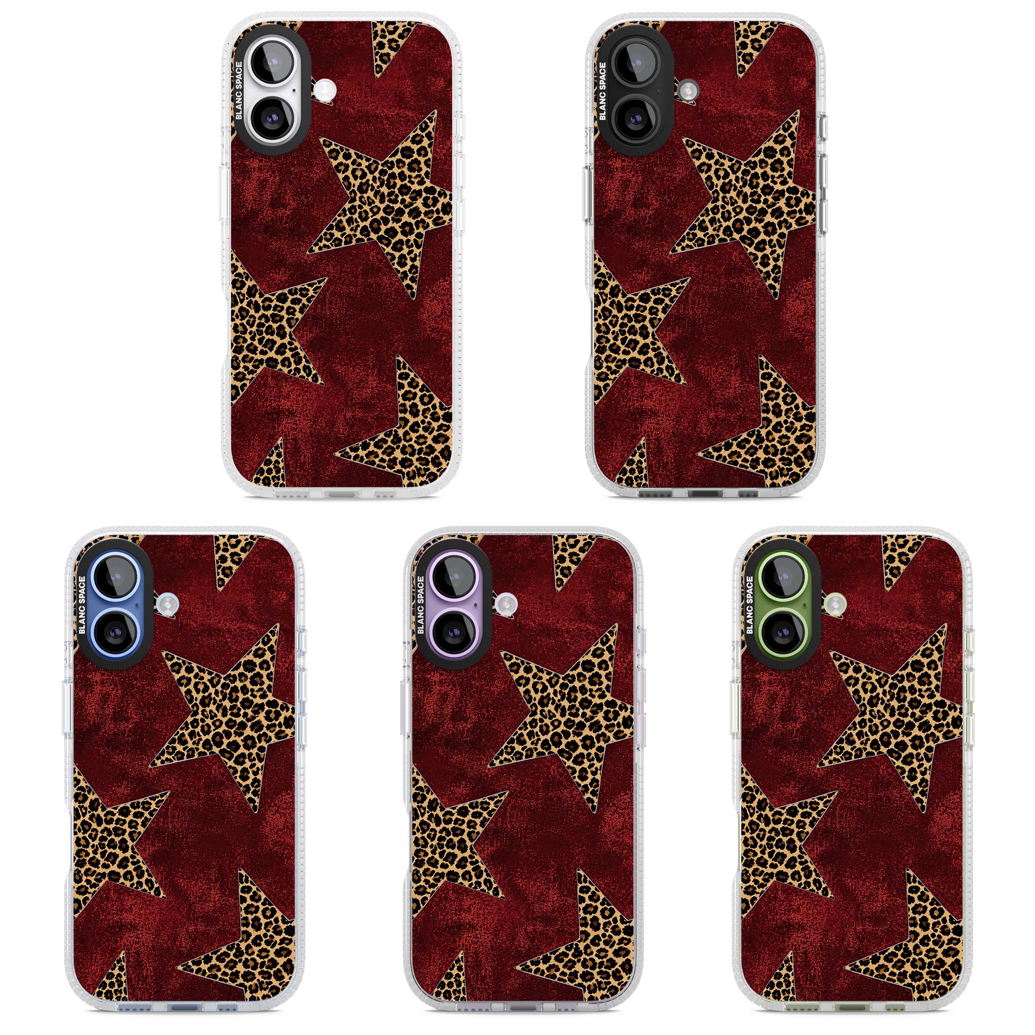 Showgirl leopard print iPhone case featuring cheetah print stars on distressed red grunge background | Clear Case Impact Air case for iPhone 17
