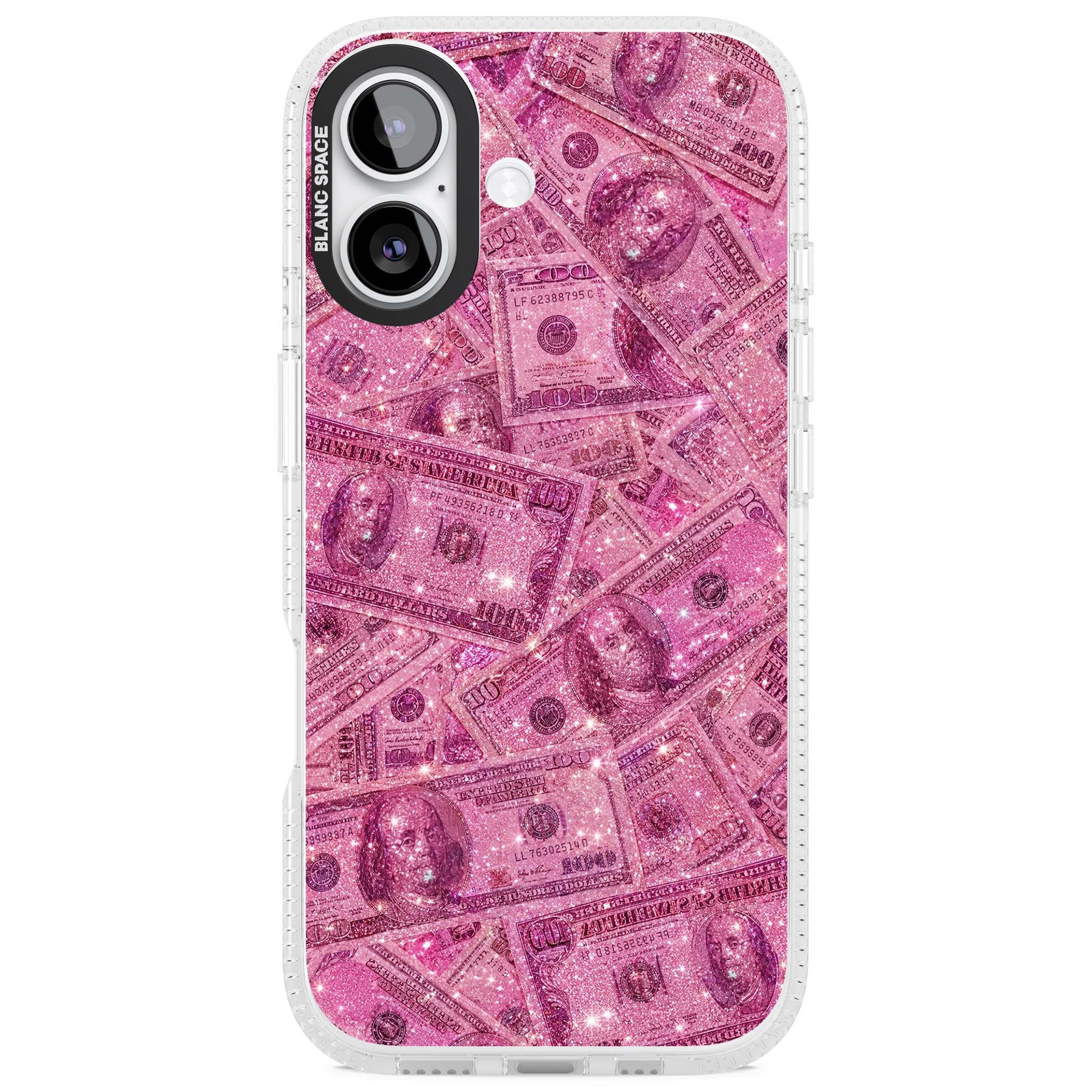 Glamorous baddie iPhone case featuring pink glitter hundred dollar bills and sparkling money wallpaper design | Clear Case Impact Air case for iPhone 17