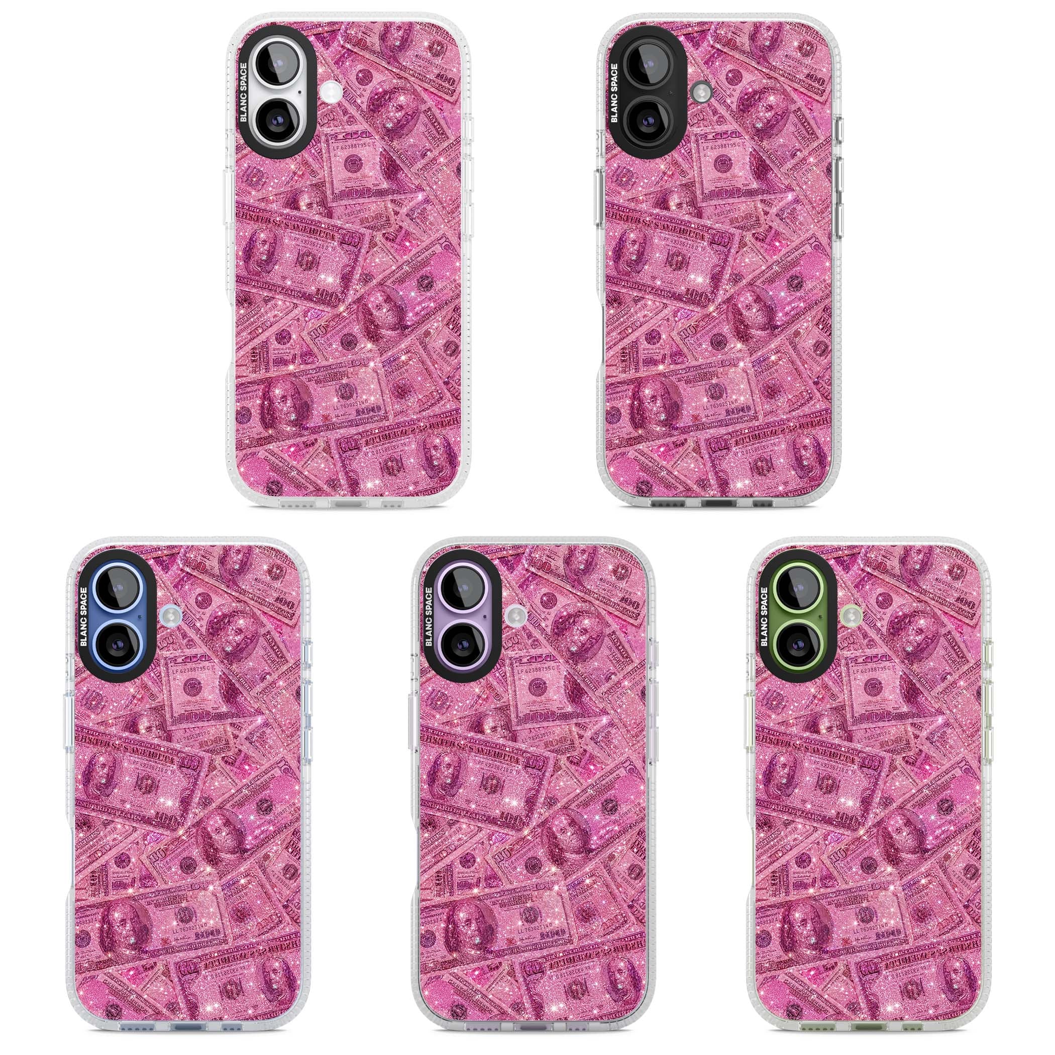 Glamorous baddie iPhone case featuring pink glitter hundred dollar bills and sparkling money wallpaper design | Clear Case Impact Air case for iPhone 17