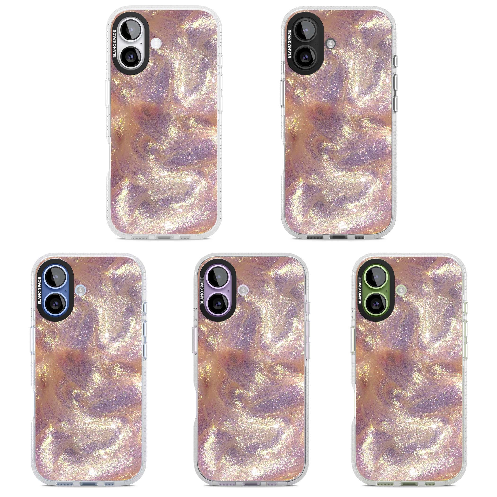 Shimmer marble iPhone case featuring rose gold glitter swirls, lilac shimmer and iridescent pearl finish | Clear Case Impact Air case for iPhone 17