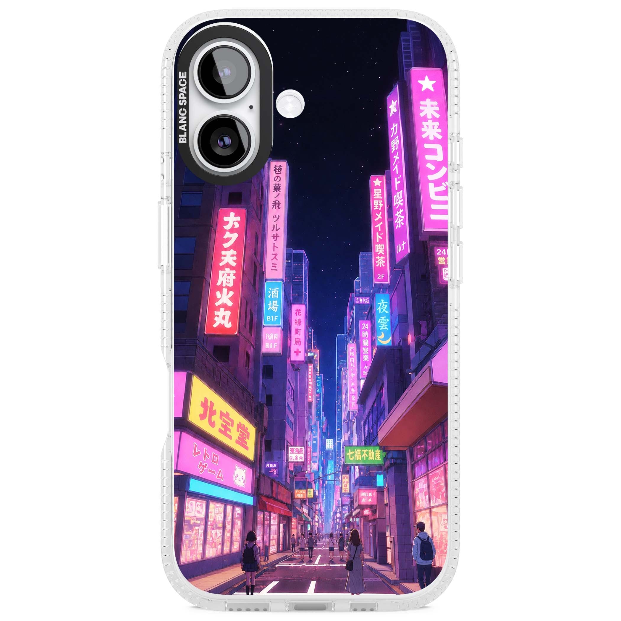 Shibuya At Night Japanese neon city iPhone case featuring glowing kanji signs, pink storefronts and a Tokyo street at n | Clear Case Impact Air case for iPhone 17