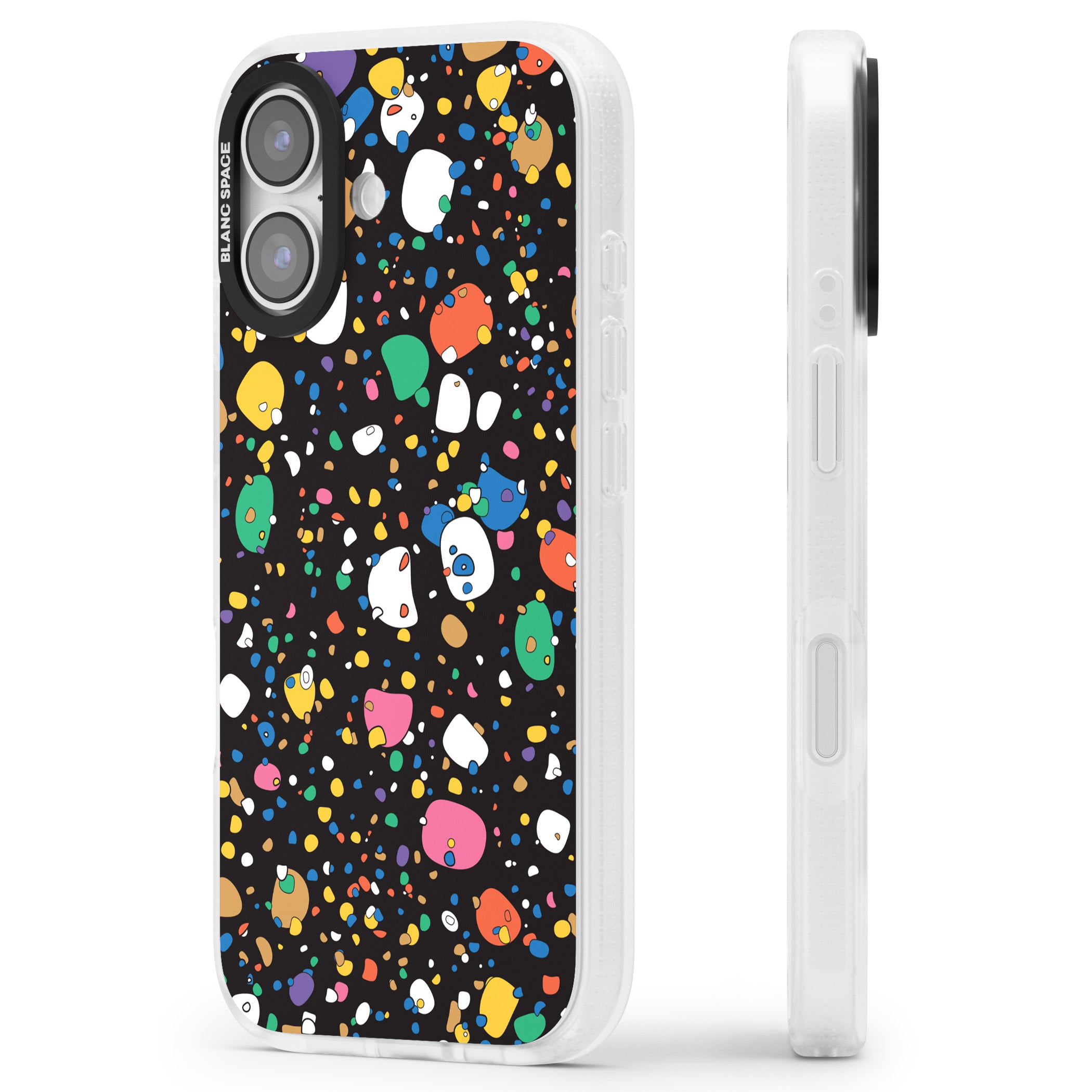 Colourful Confetti Pebbles (Black) iPhone 17 Impact Air Clear Phone Case Side Profile