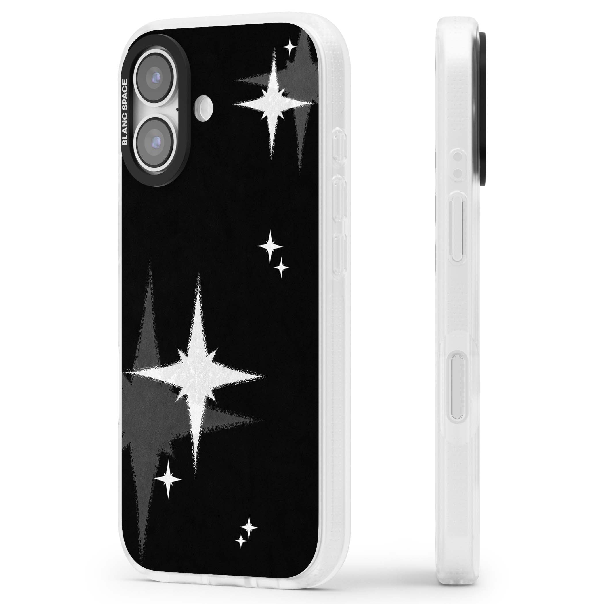 Black Sparkle celestial iPhone case featuring white sparkle stars on a black night sky background | Clear Case Impact Air case for iPhone 17