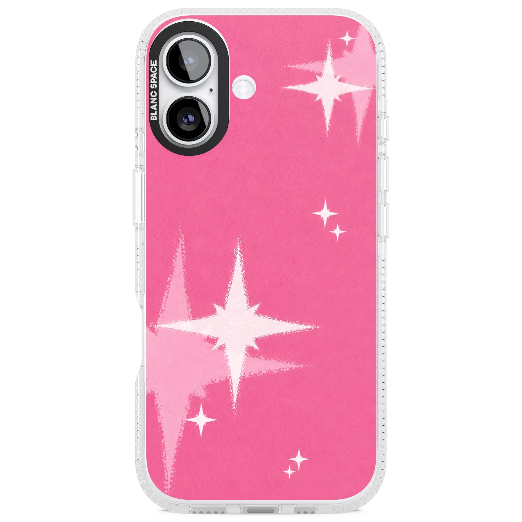 Pink Sparkle Y2K iPhone case featuring hot pink background with shimmering white starburst pattern | Clear Case Impact Air case for iPhone 17