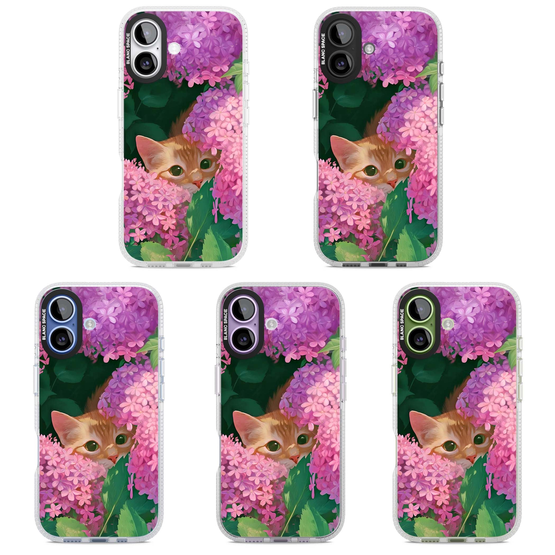 Cat In Pink Flowers cottagecore iPhone case featuring a ginger kitten peeking through lilac and pink hydrangea flo | Clear Case Impact Air case for iPhone 17