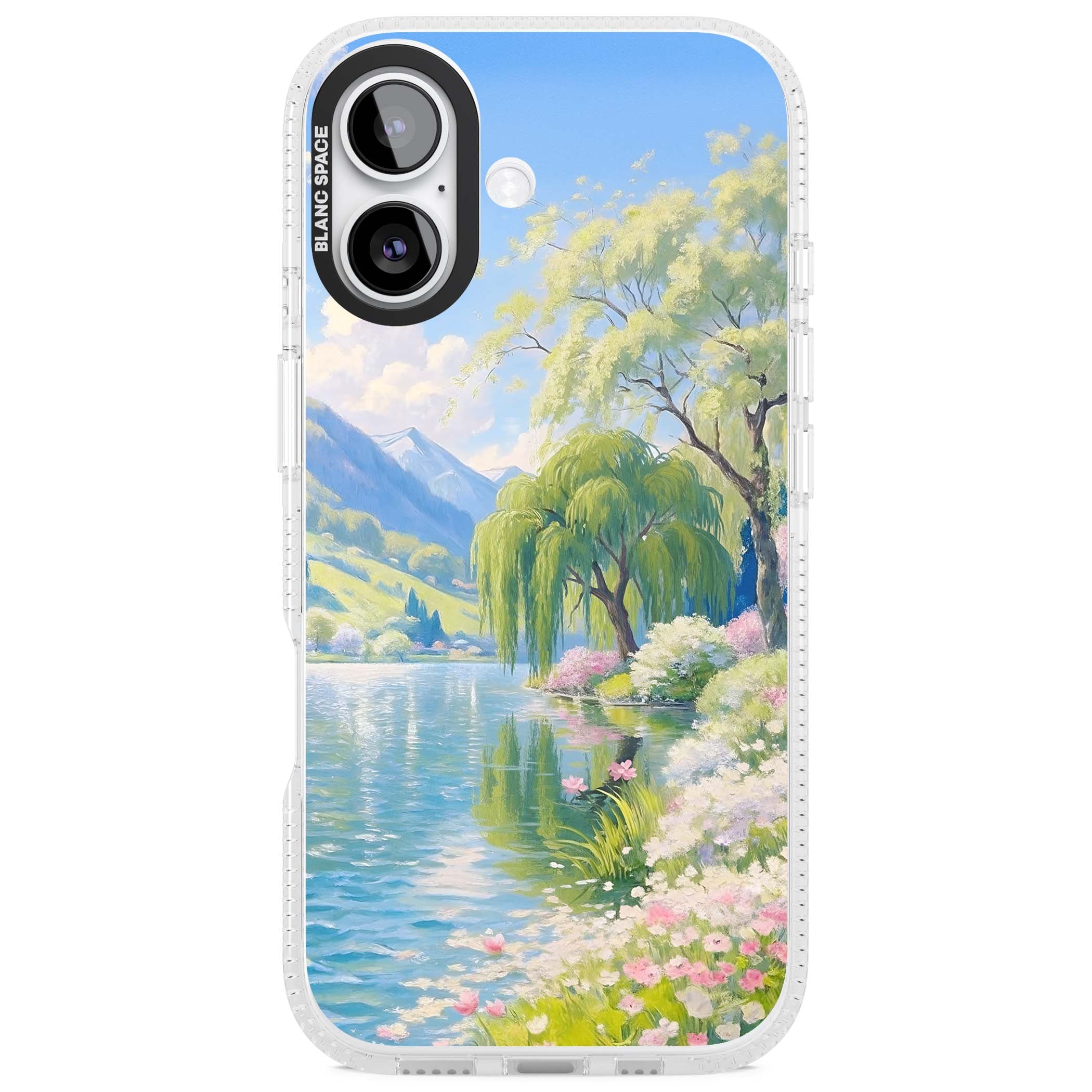 Willow Lake cottagecore iPhone case featuring a painted lakeside with weeping willow, blossoms and distant mountains | Clear Case Impact Air case for iPhone 17