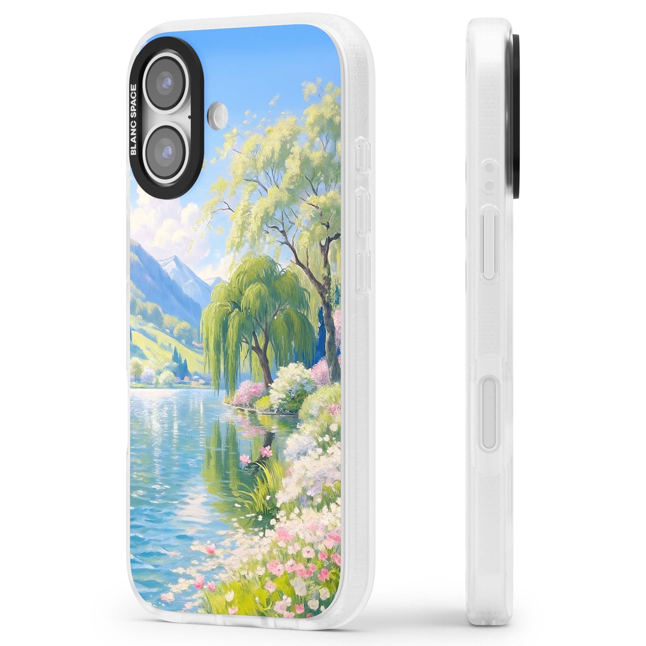 Willow Lake cottagecore iPhone case featuring a painted lakeside with weeping willow, blossoms and distant mountains | Clear Case Impact Air case for iPhone 17
