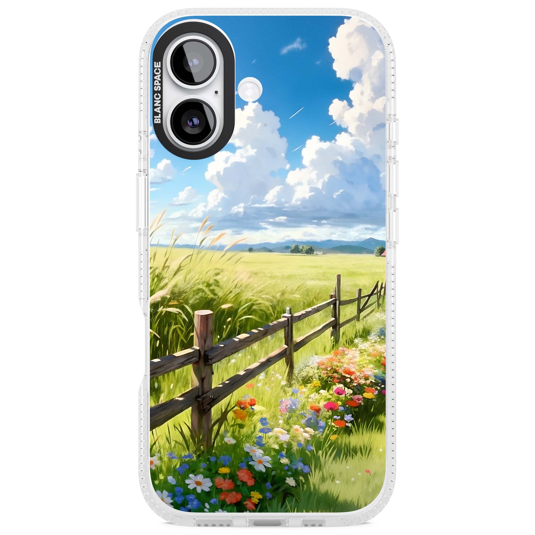 A Countryside Afternoon cottagecore iPhone case featuring a painted countryside meadow, wooden fence, and wildflowers beneath | Clear Case Impact Air case for iPhone 17