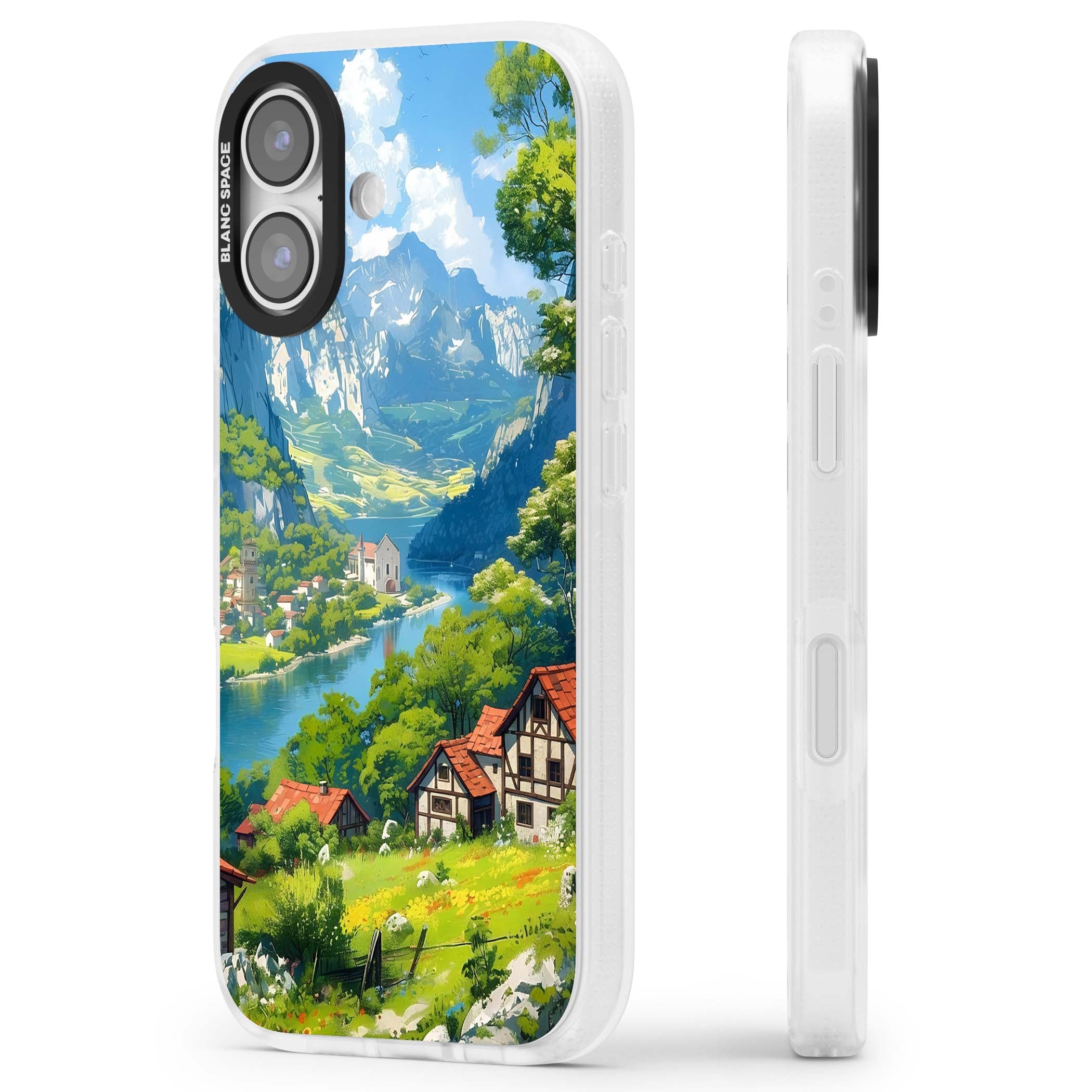 Village In The Valley anime iPhone case featuring a painted mountain village, river valley and half-timbered cottages. | Clear Case Impact Air case for iPhone 17