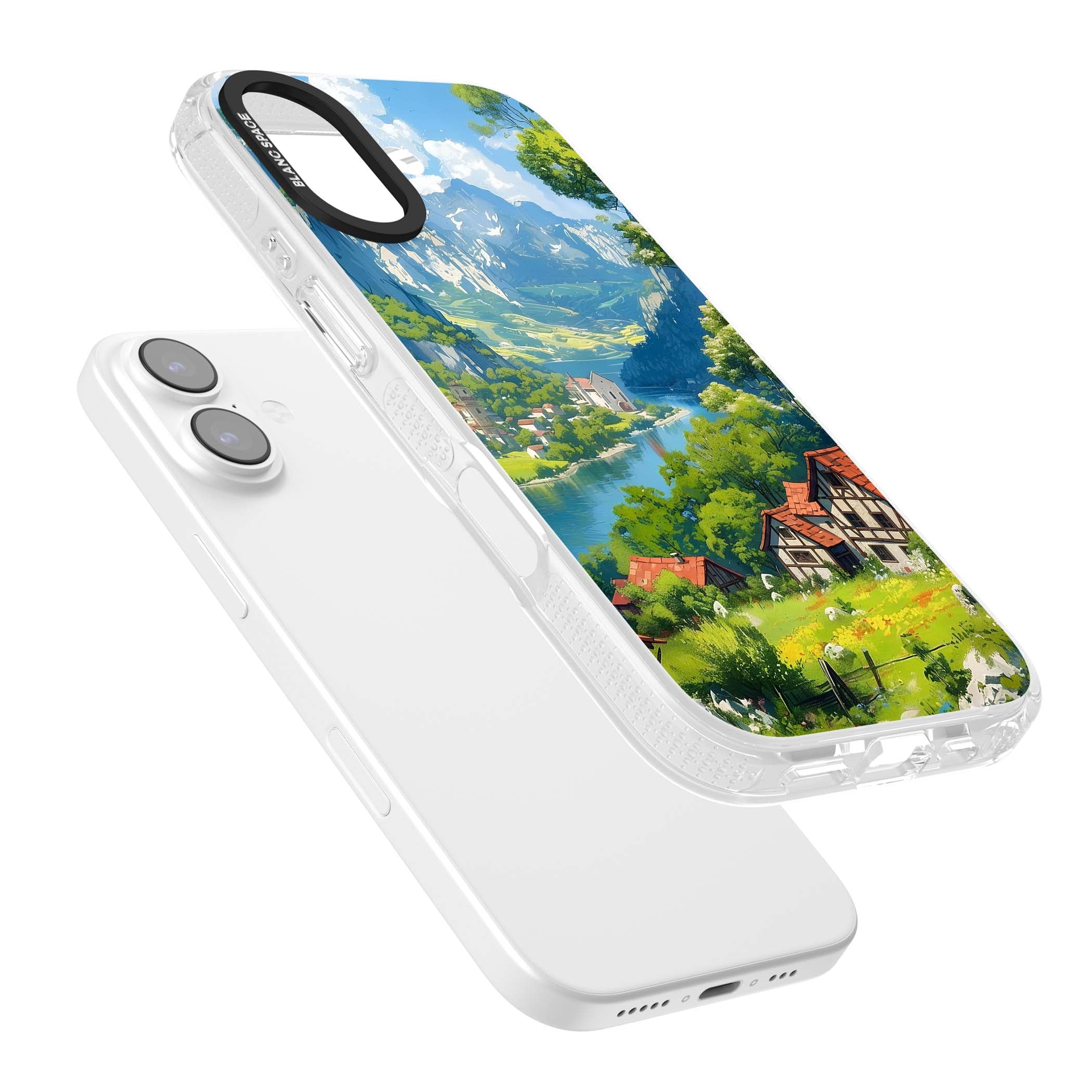 Village In The Valley anime iPhone case featuring a painted mountain village, river valley and half-timbered cottages. | Clear Case Impact Air case for iPhone 17