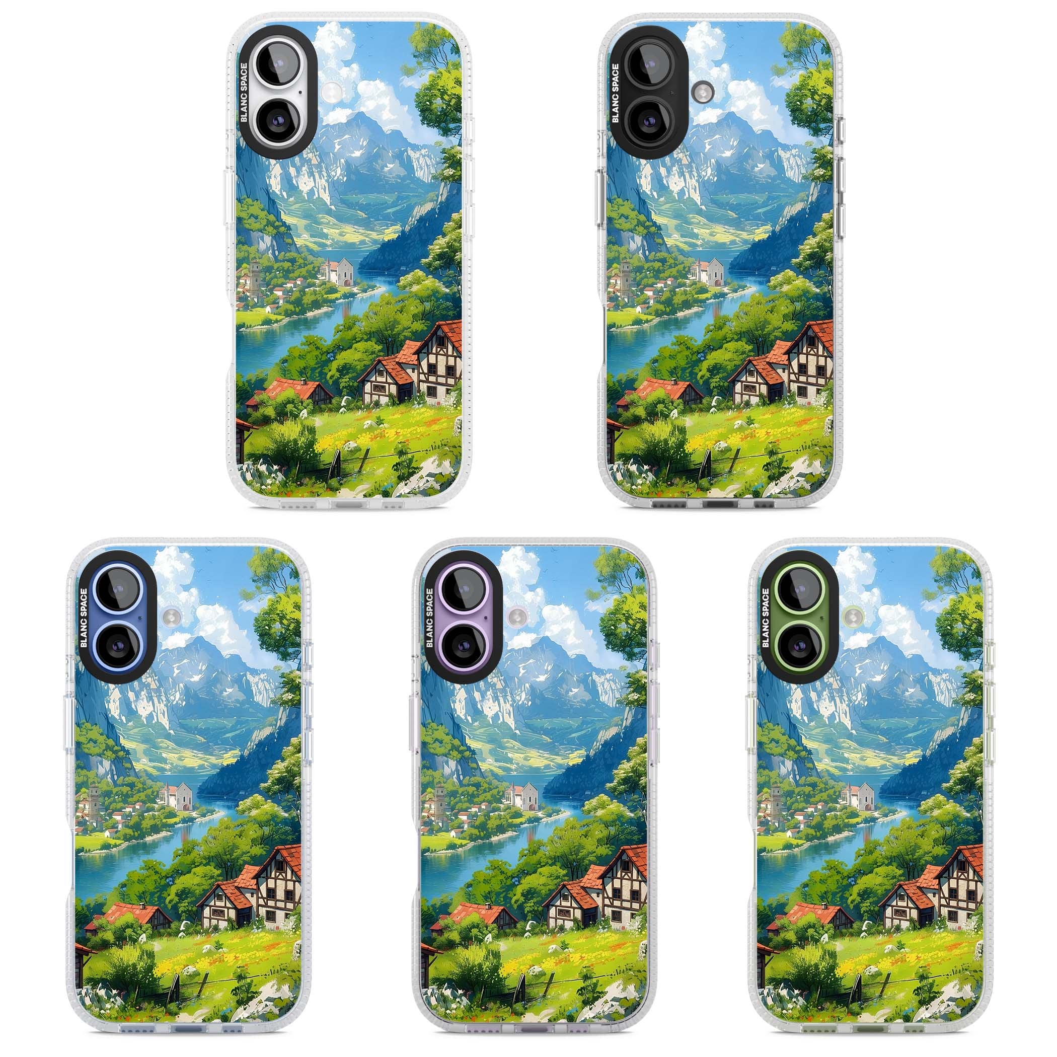 Village In The Valley anime iPhone case featuring a painted mountain village, river valley and half-timbered cottages. | Clear Case Impact Air case for iPhone 17