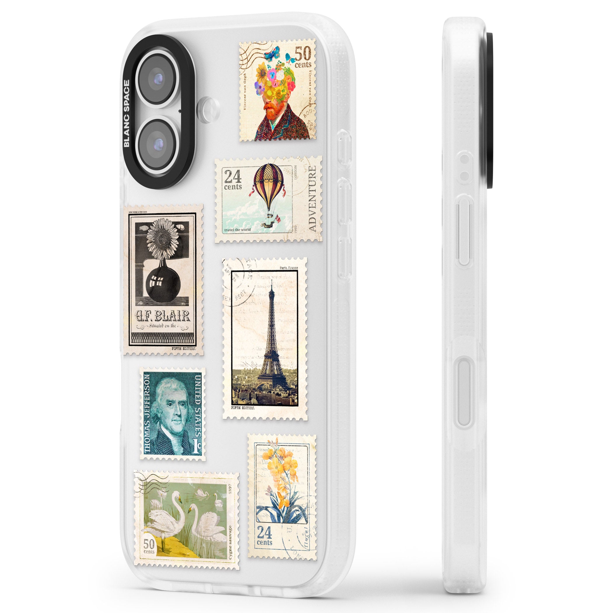 Vintage Stamps iPhone 17 Impact Air Clear Phone Case Side Profile