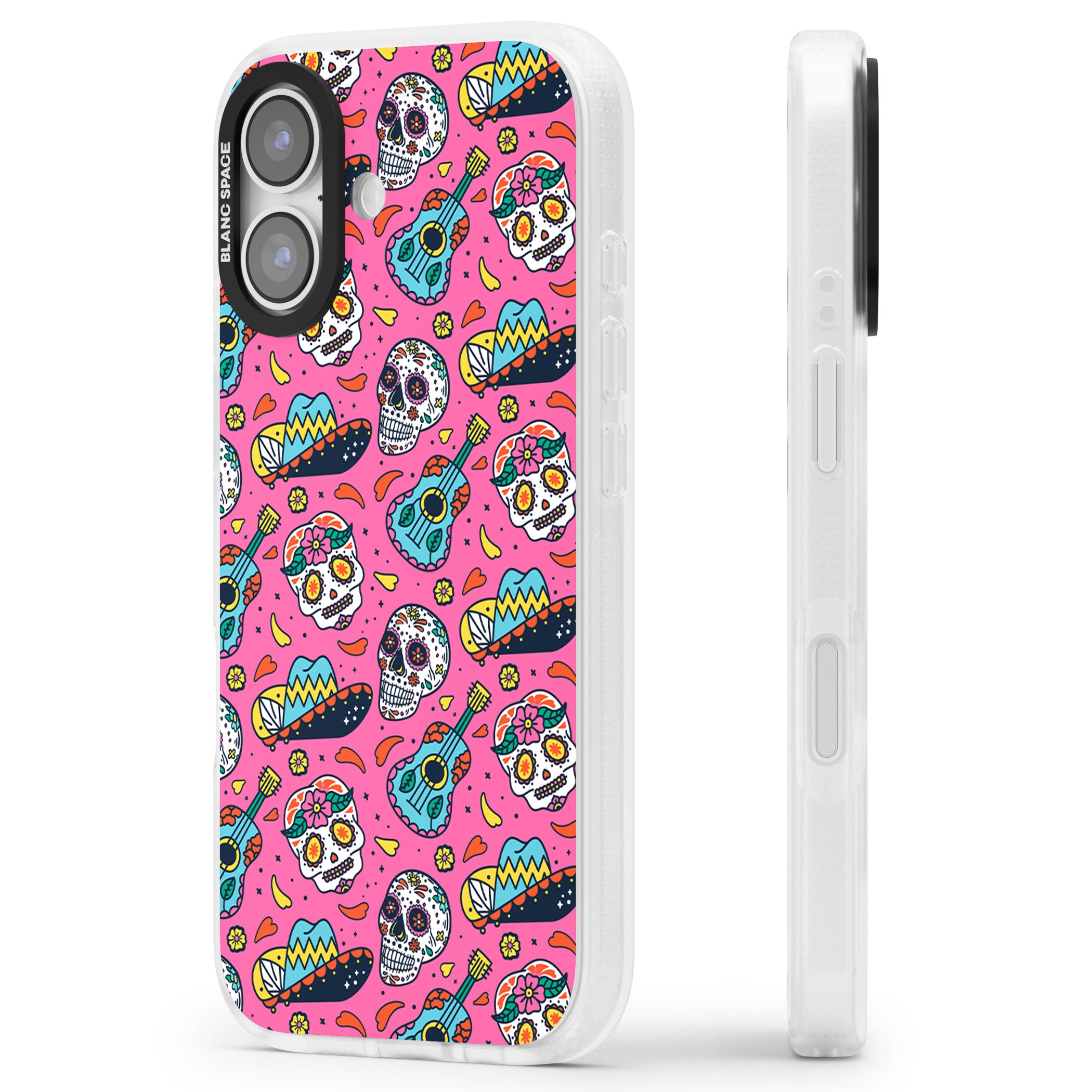 Pink Day Of The Dead Pattern iPhone 17 Impact Air Clear Phone Case Side Profile
