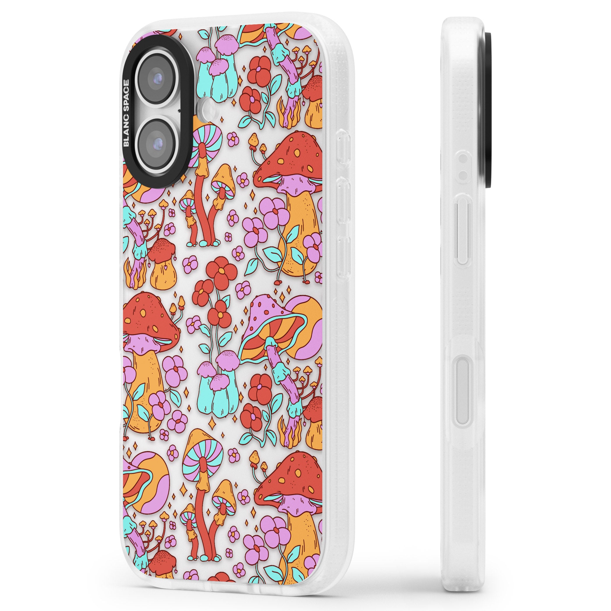 Psychedelic Flowers & Mushrooms iPhone 17 Impact Air Clear Phone Case Side Profile