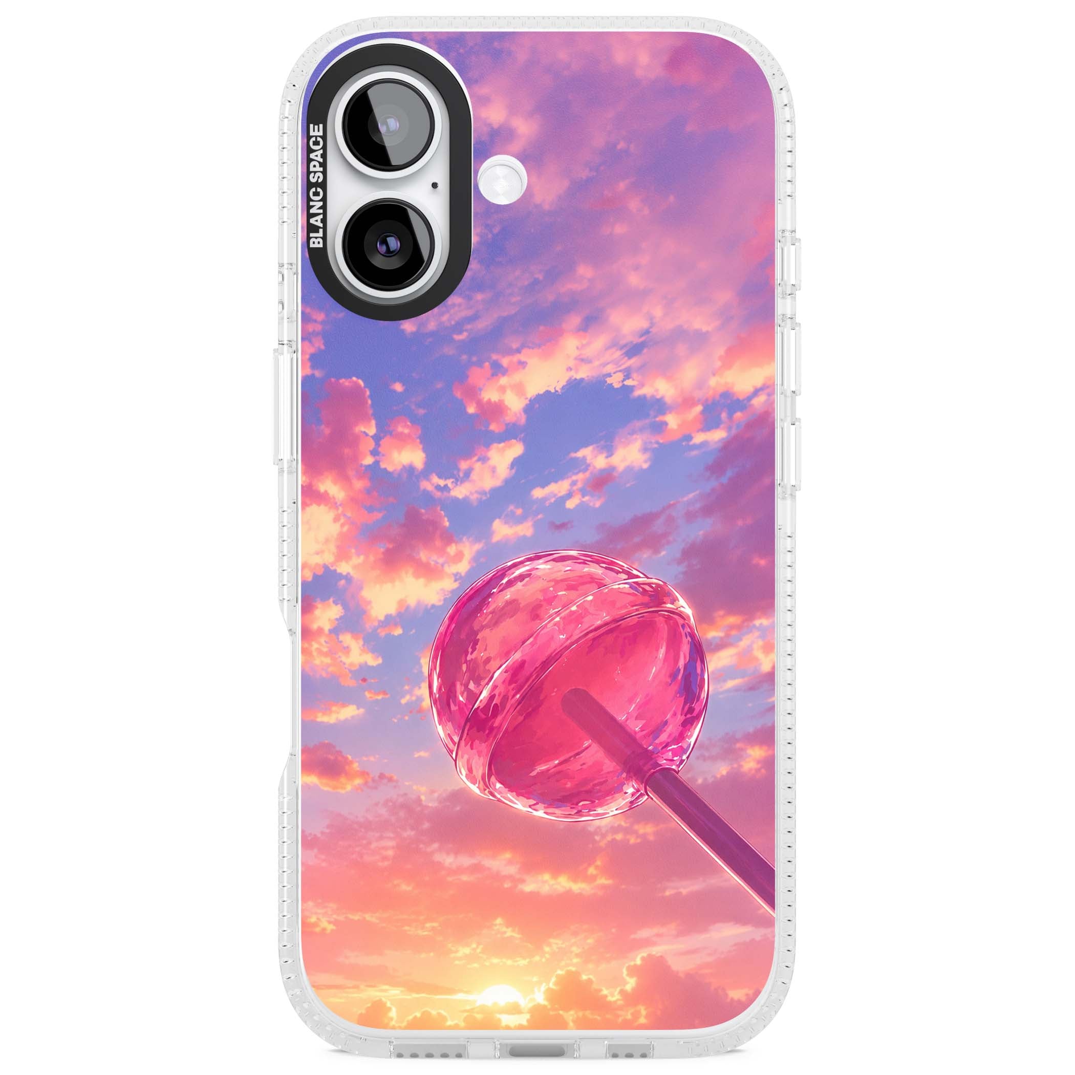 Sugar Sunset candy aesthetic iPhone case featuring a pink lollipop, pastel sunset sky and dreamy clouds | Clear Case Impact Air case for iPhone 17