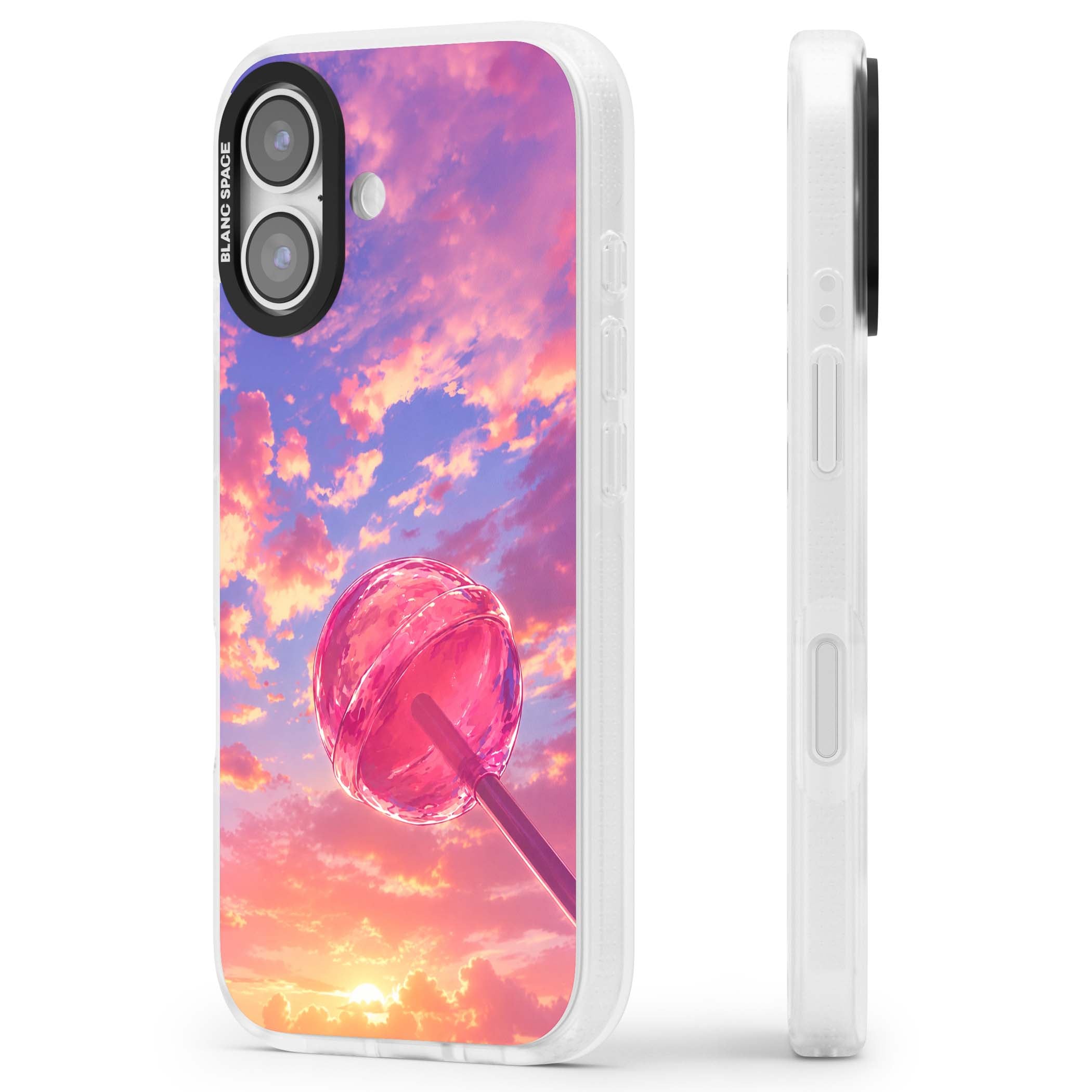 Sugar Sunset candy aesthetic iPhone case featuring a pink lollipop, pastel sunset sky and dreamy clouds | Clear Case Impact Air case for iPhone 17