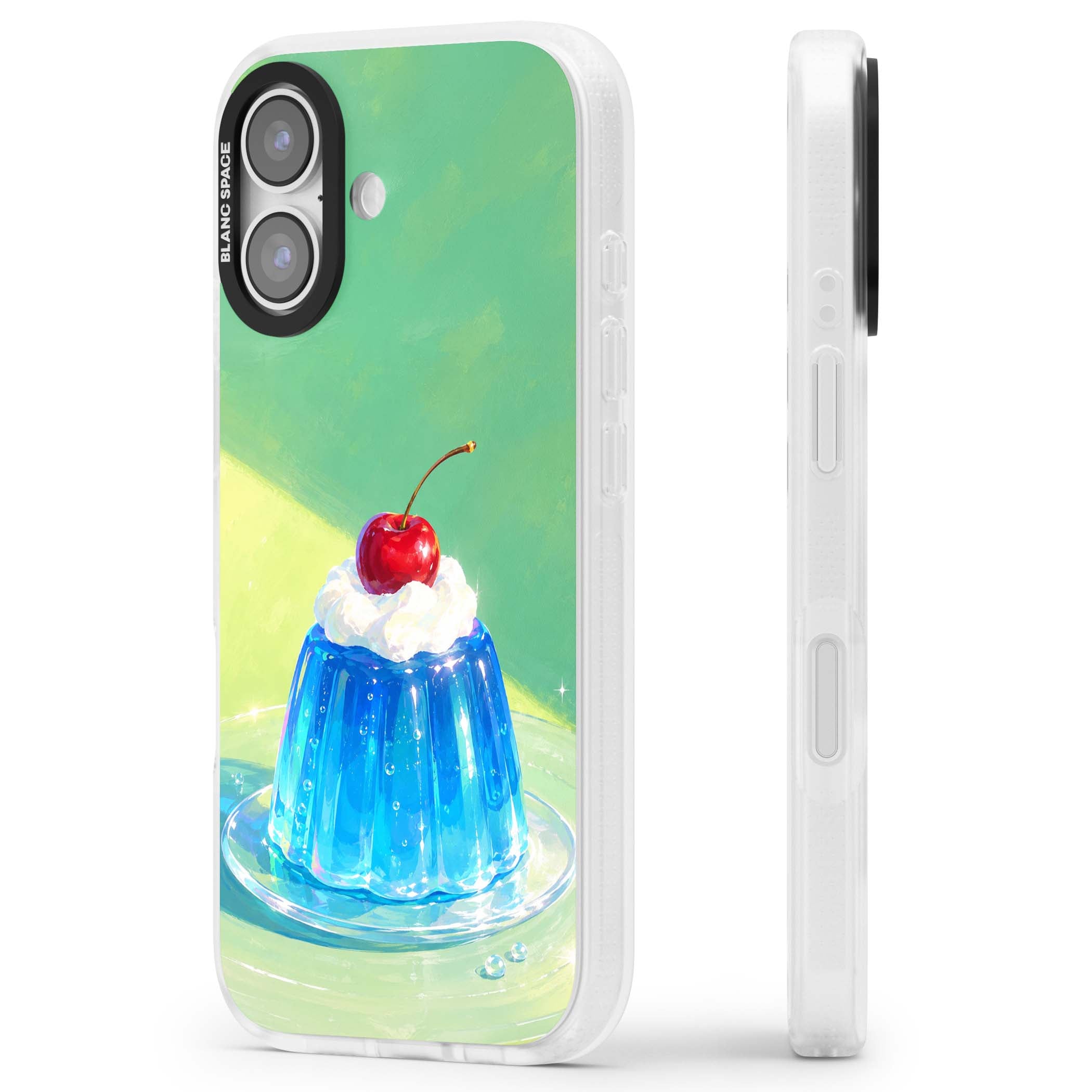 Cherry Jelly kawaii dessert iPhone case featuring blue jelly pudding, whipped cream and a red cherry | Clear Case Impact Air case for iPhone 17