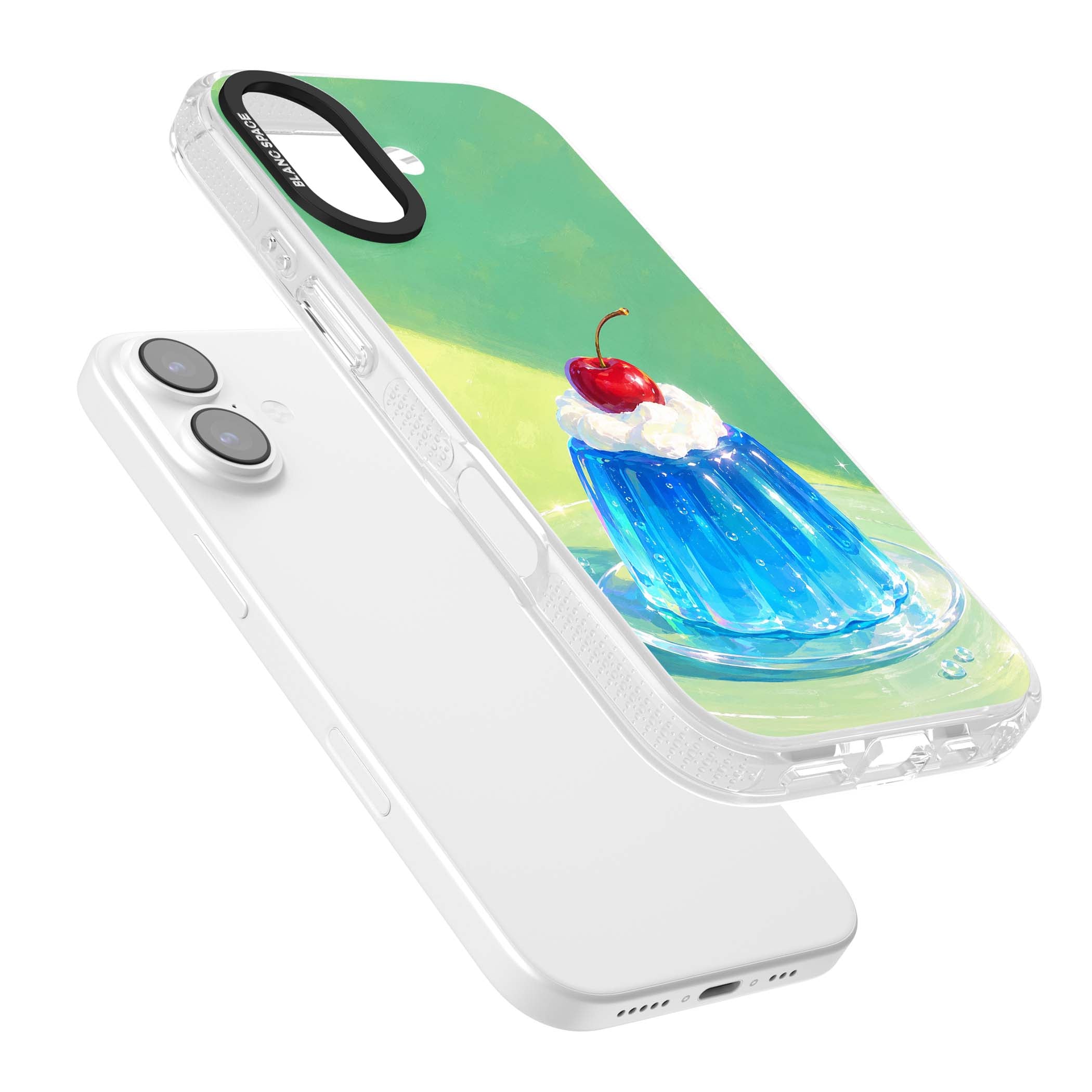 Cherry Jelly kawaii dessert iPhone case featuring blue jelly pudding, whipped cream and a red cherry | Clear Case Impact Air case for iPhone 17