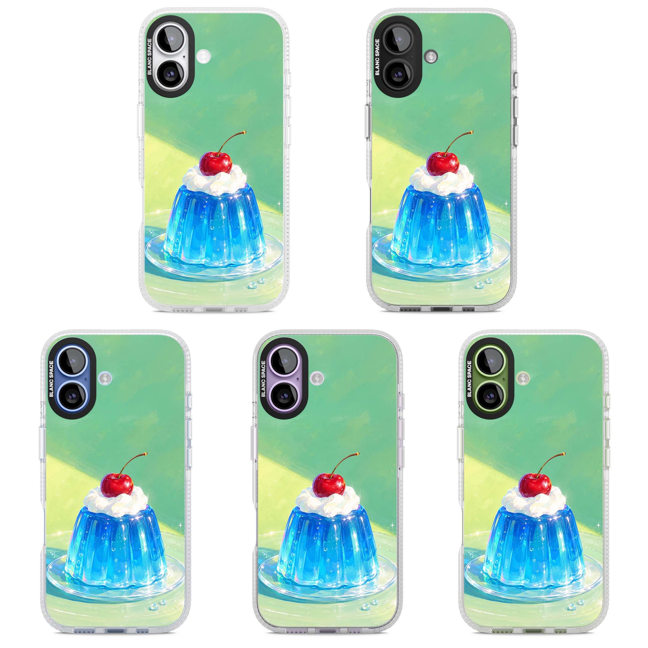 Cherry Jelly kawaii dessert iPhone case featuring blue jelly pudding, whipped cream and a red cherry | Clear Case Impact Air case for iPhone 17