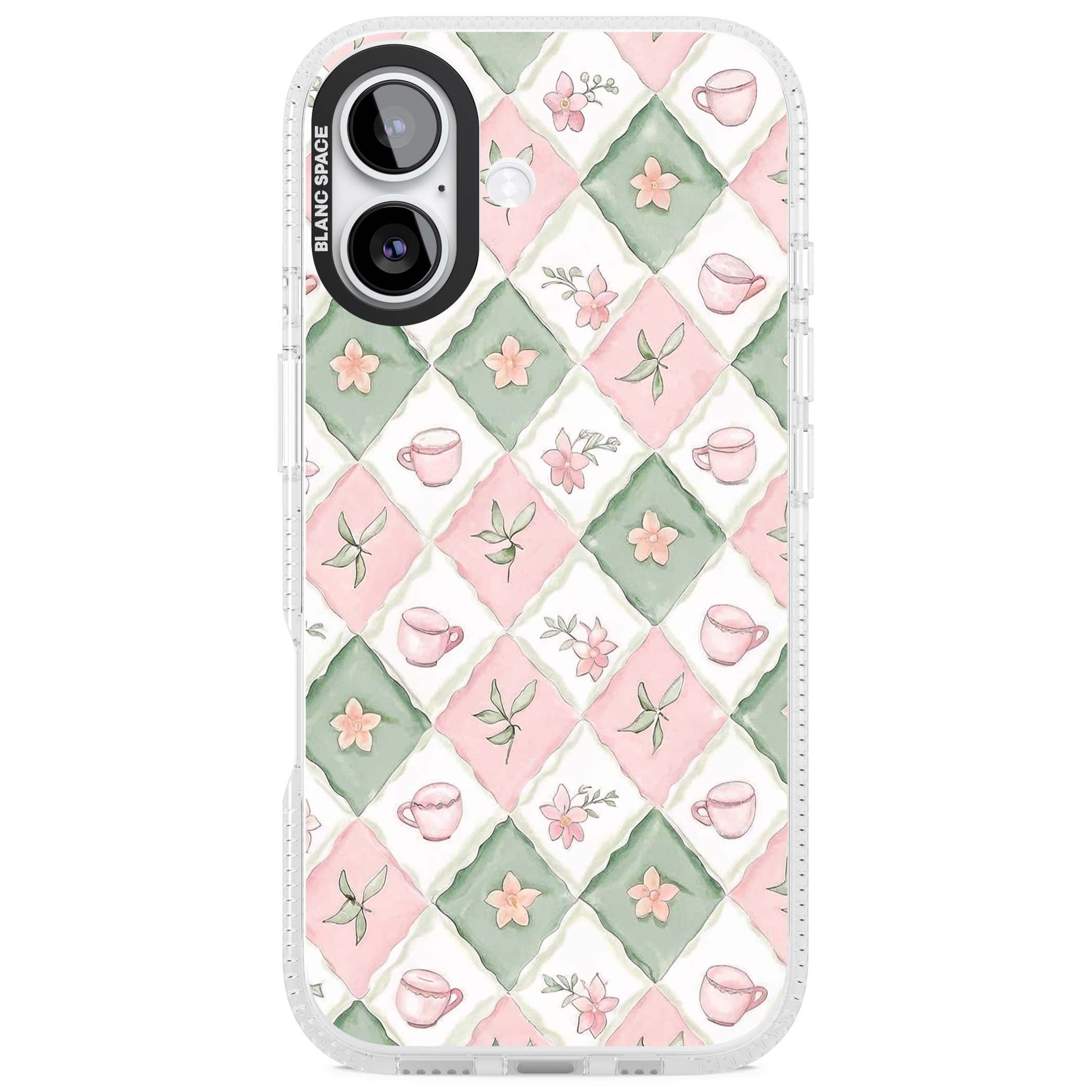 Garden Tea Party coquette iPhone case with pink and green checkered pattern, watercolour teacups and wildflowers | Clear Case Impact Air case for iPhone 17