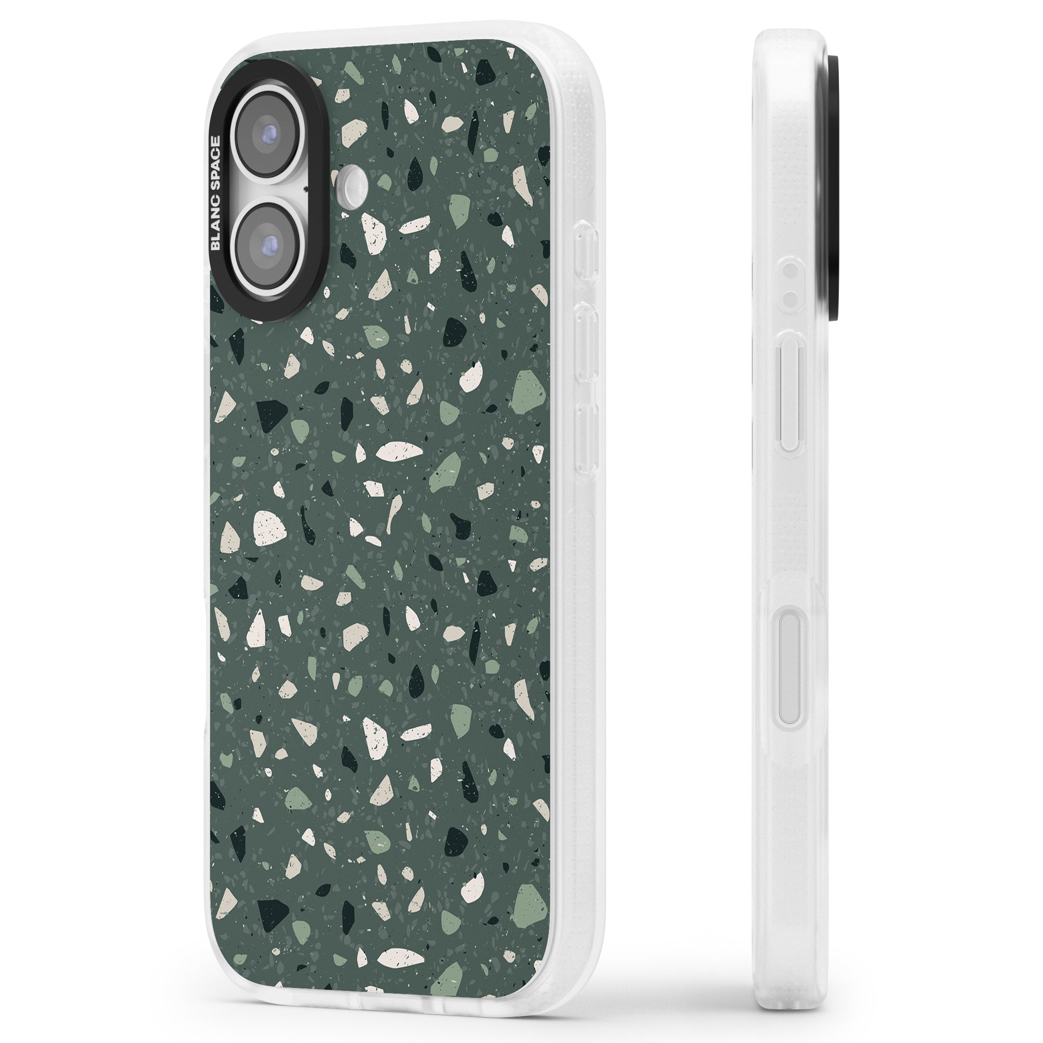 Green & Cream Terrazzo Pattern iPhone 17 Impact Air Clear Phone Case Side Profile