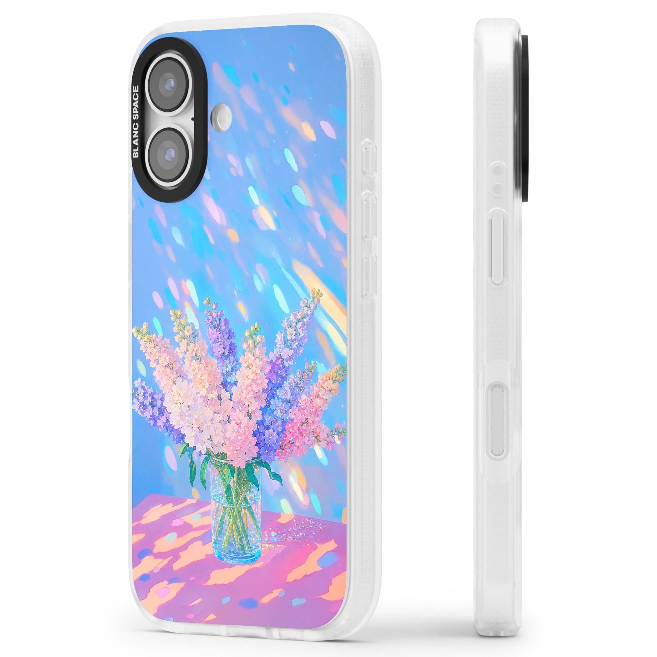 Bubblegum Flowers floral iPhone case featuring pastel lilac and pink bouquet in a glass vase with iridescent light | Clear Case Impact Air case for iPhone 17