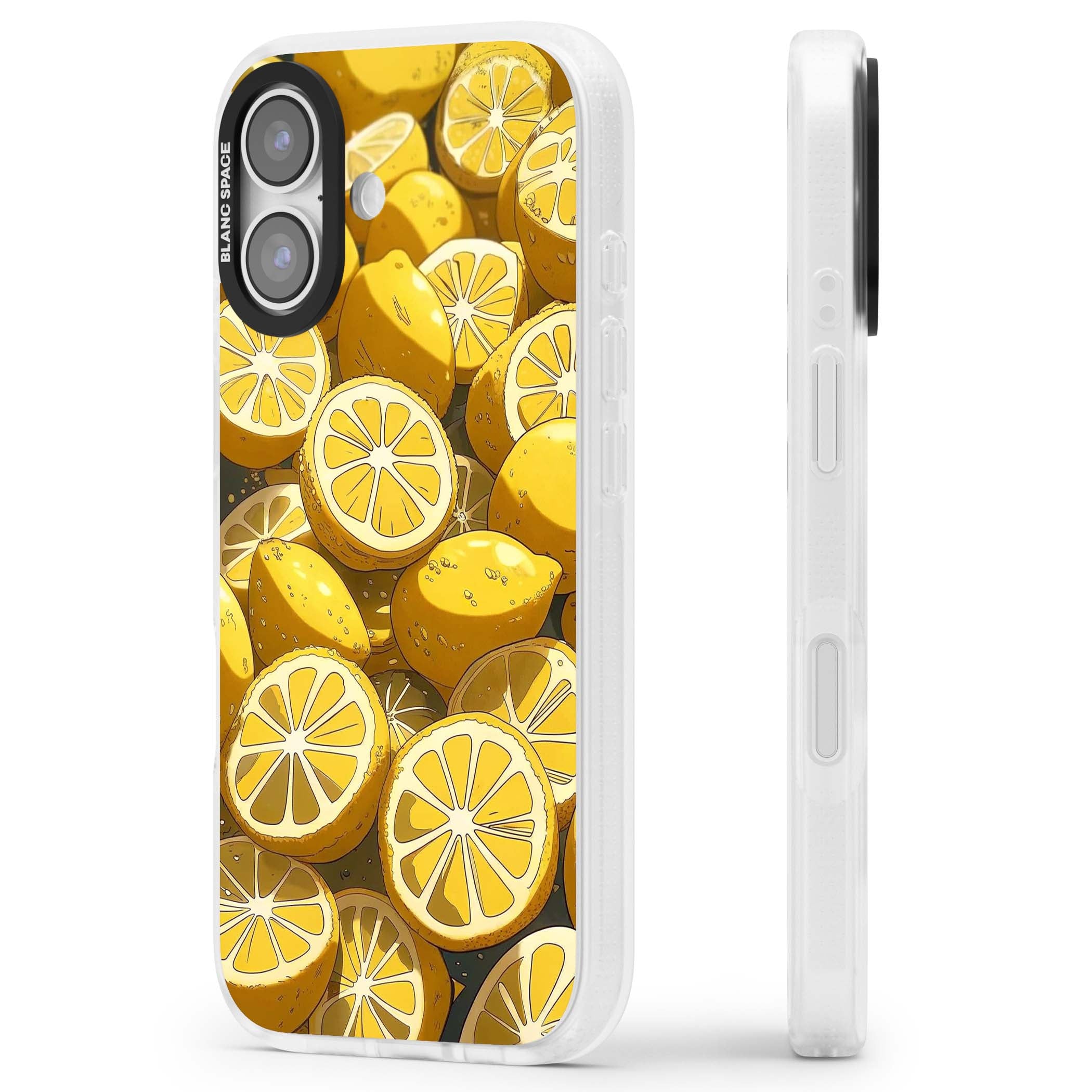 Zesty coastal iPhone case featuring illustrated Mediterranean lemons and citrus slices in golden yellow | Clear Case Impact Air case for iPhone 17