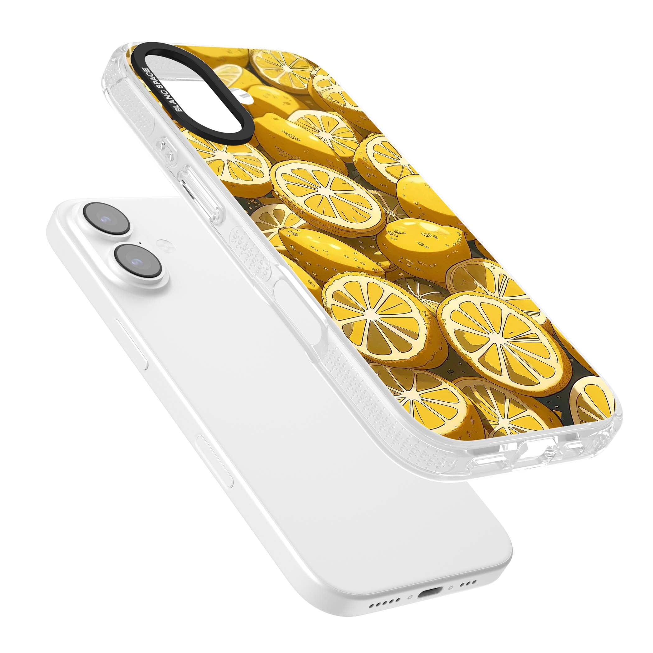 Zesty coastal iPhone case featuring illustrated Mediterranean lemons and citrus slices in golden yellow | Clear Case Impact Air case for iPhone 17