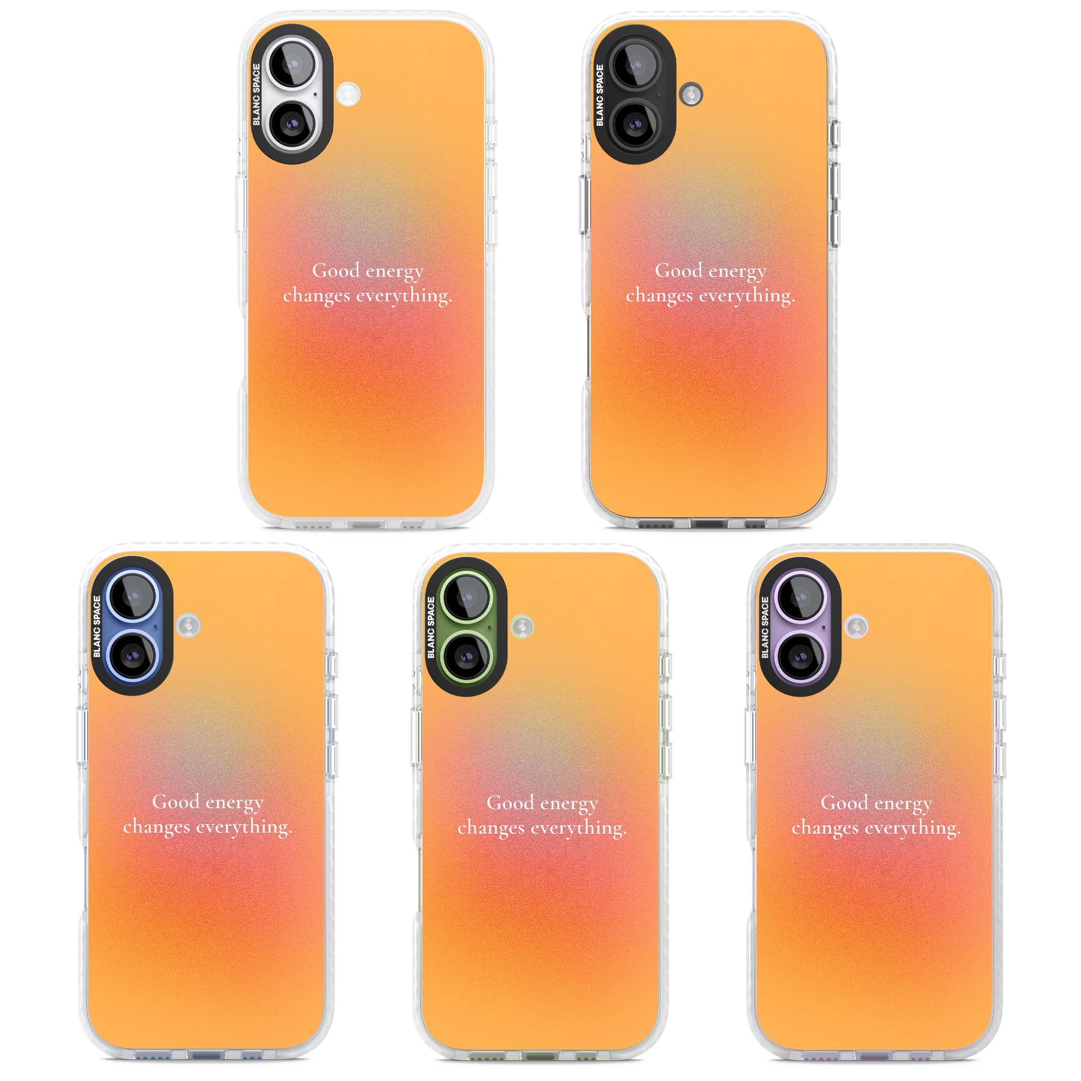 Good Energy quote iPhone case featuring an orange and pink aura gradient with white serif affirmation text | Black Impact case for iPhone 17