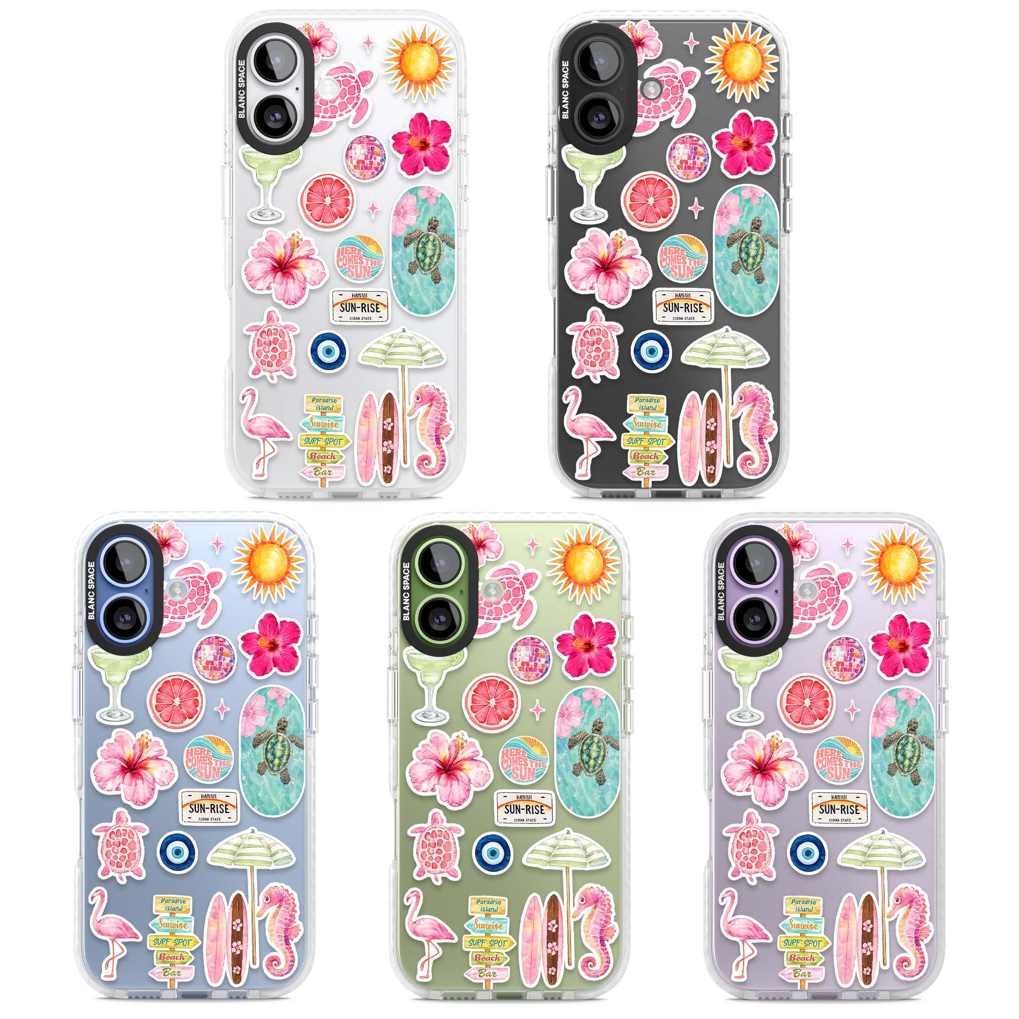 Aloha Sticker Mix tropical summer iPhone case featuring pink hibiscus, sea turtles, flamingo and beach umbrella stickers | Black Impact case for iPhone 17