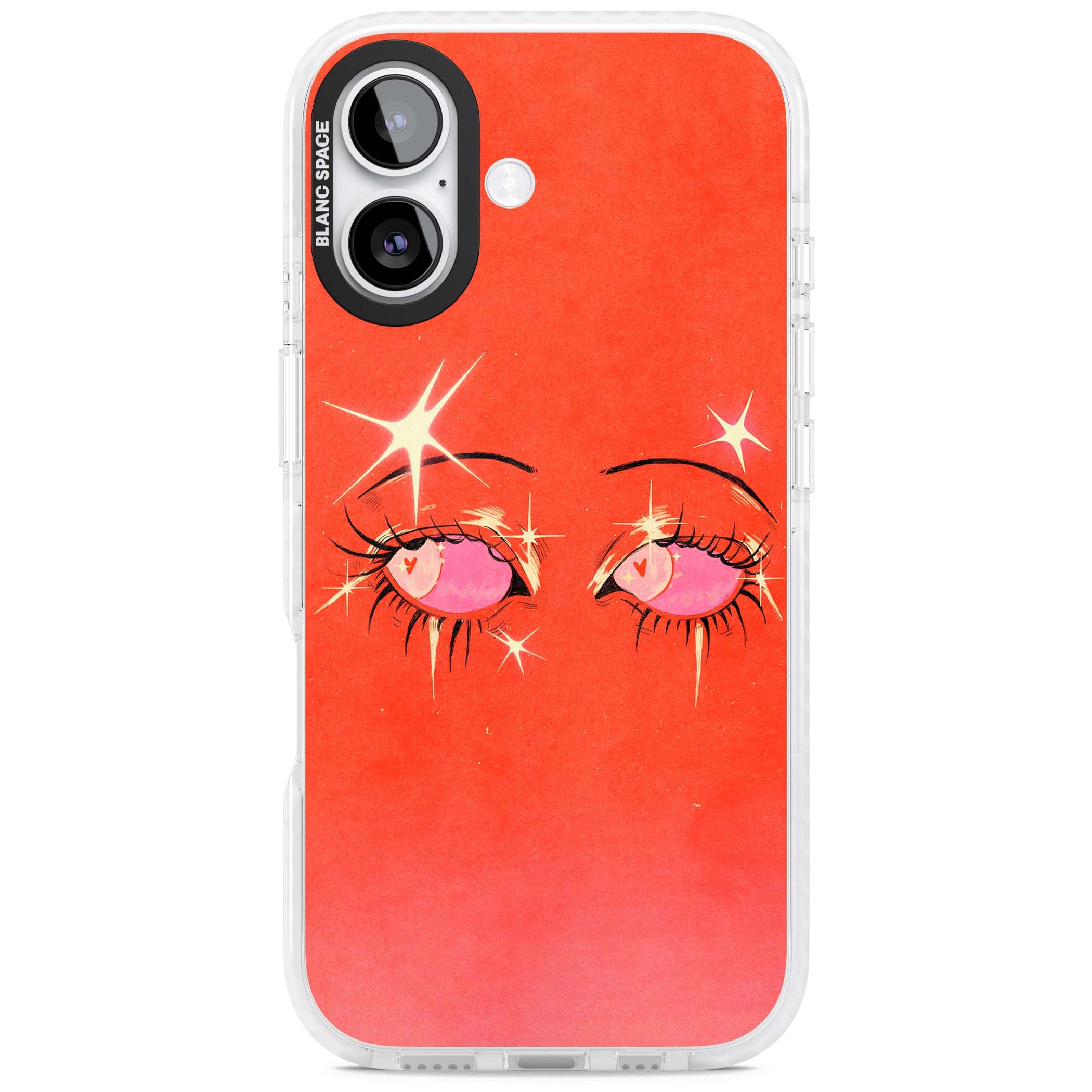 Pink Ethereal Eyes anime iPhone case featuring hand-drawn sparkly eyes with pink hearts and gold stars on red | Black Impact case for iPhone 17