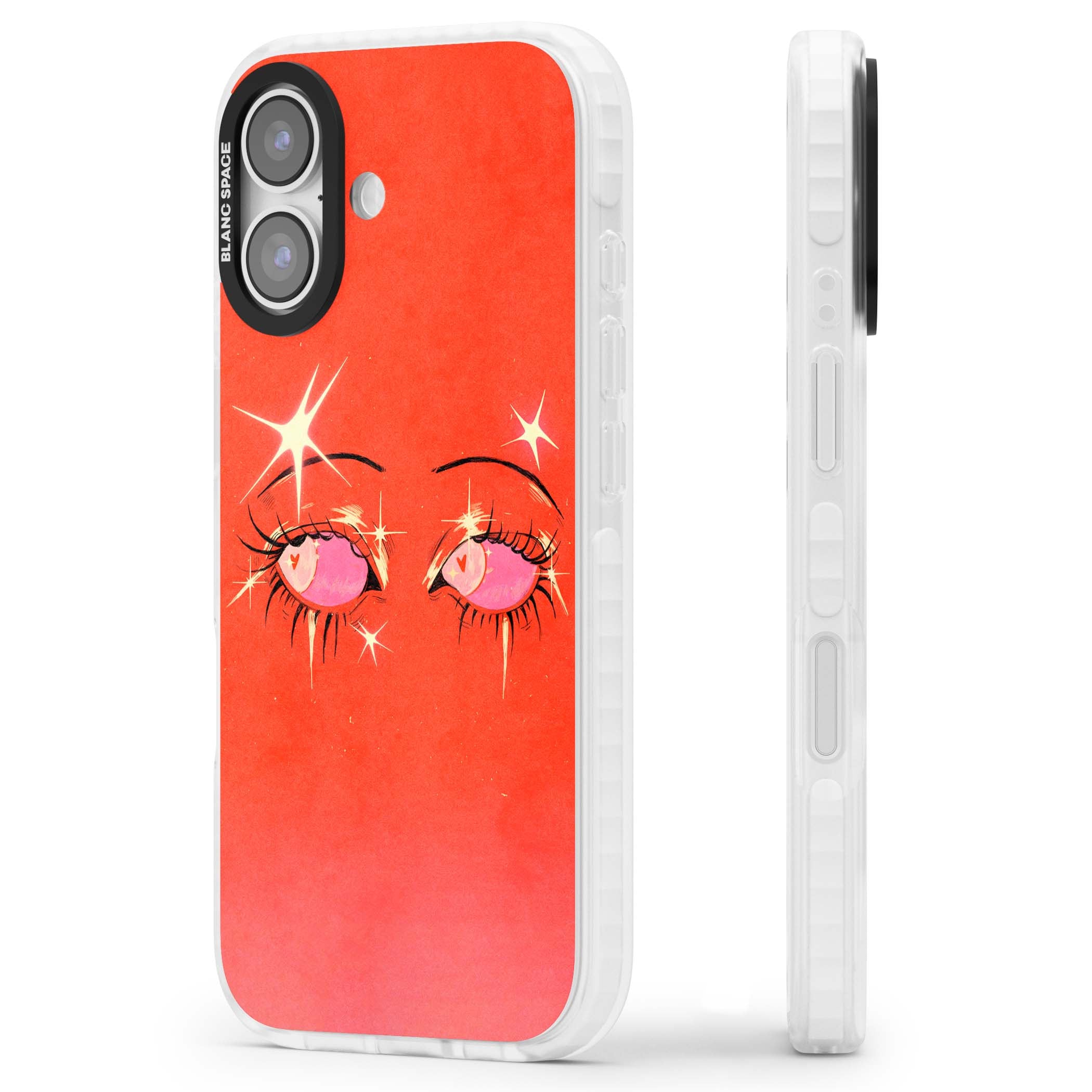 Pink Ethereal Eyes anime iPhone case featuring hand-drawn sparkly eyes with pink hearts and gold stars on red | Black Impact case for iPhone 17