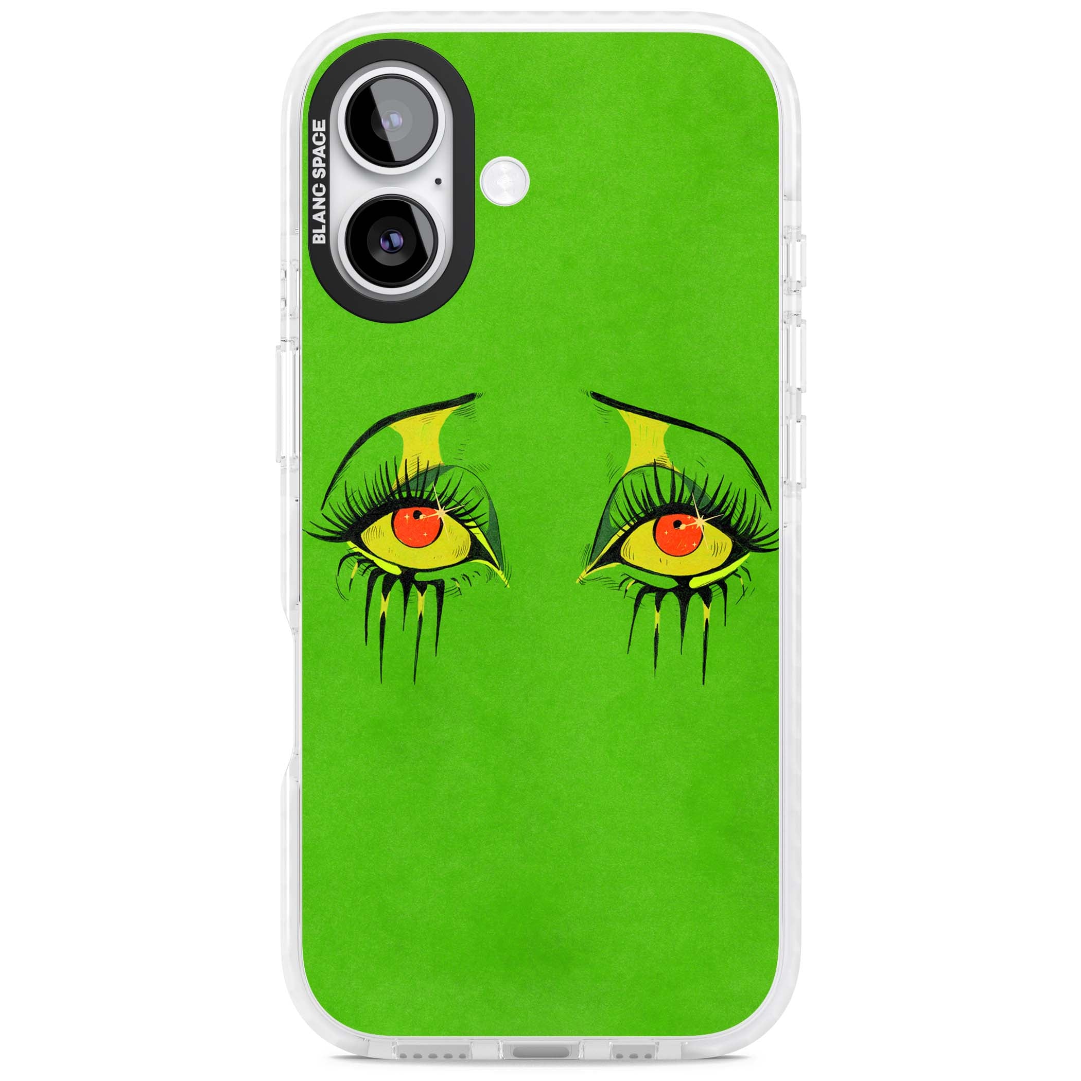 Green Enchanted Eyes psychedelic art iPhone case featuring hand-drawn dripping eyes on neon green background | Black Impact case for iPhone 17