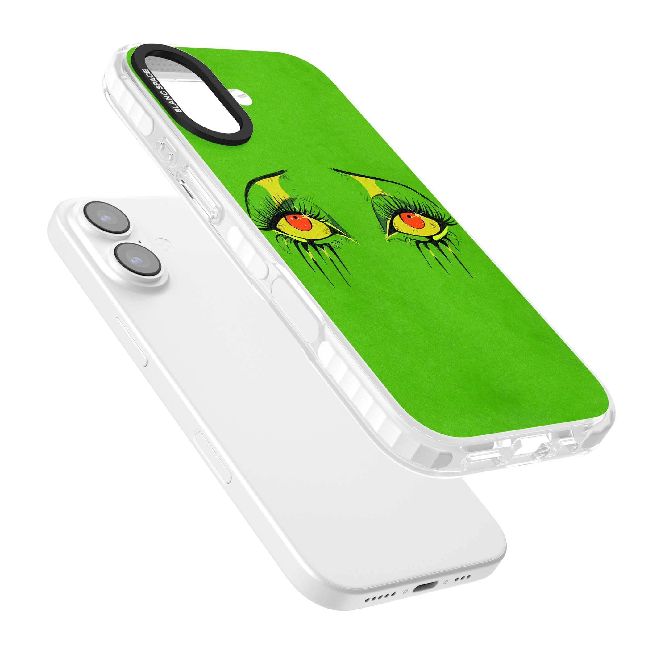 Green Enchanted Eyes psychedelic art iPhone case featuring hand-drawn dripping eyes on neon green background | Black Impact case for iPhone 17