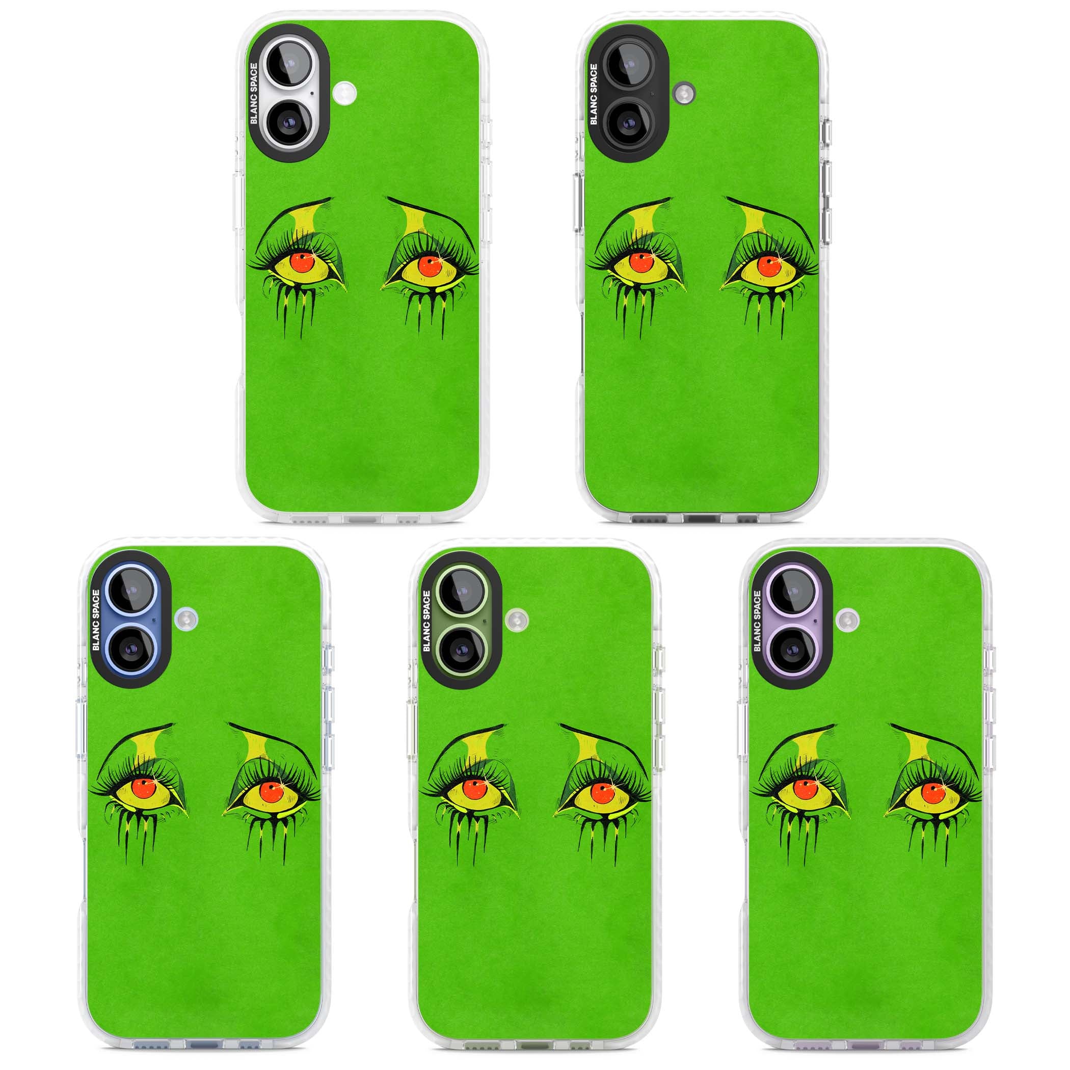Green Enchanted Eyes psychedelic art iPhone case featuring hand-drawn dripping eyes on neon green background | Black Impact case for iPhone 17