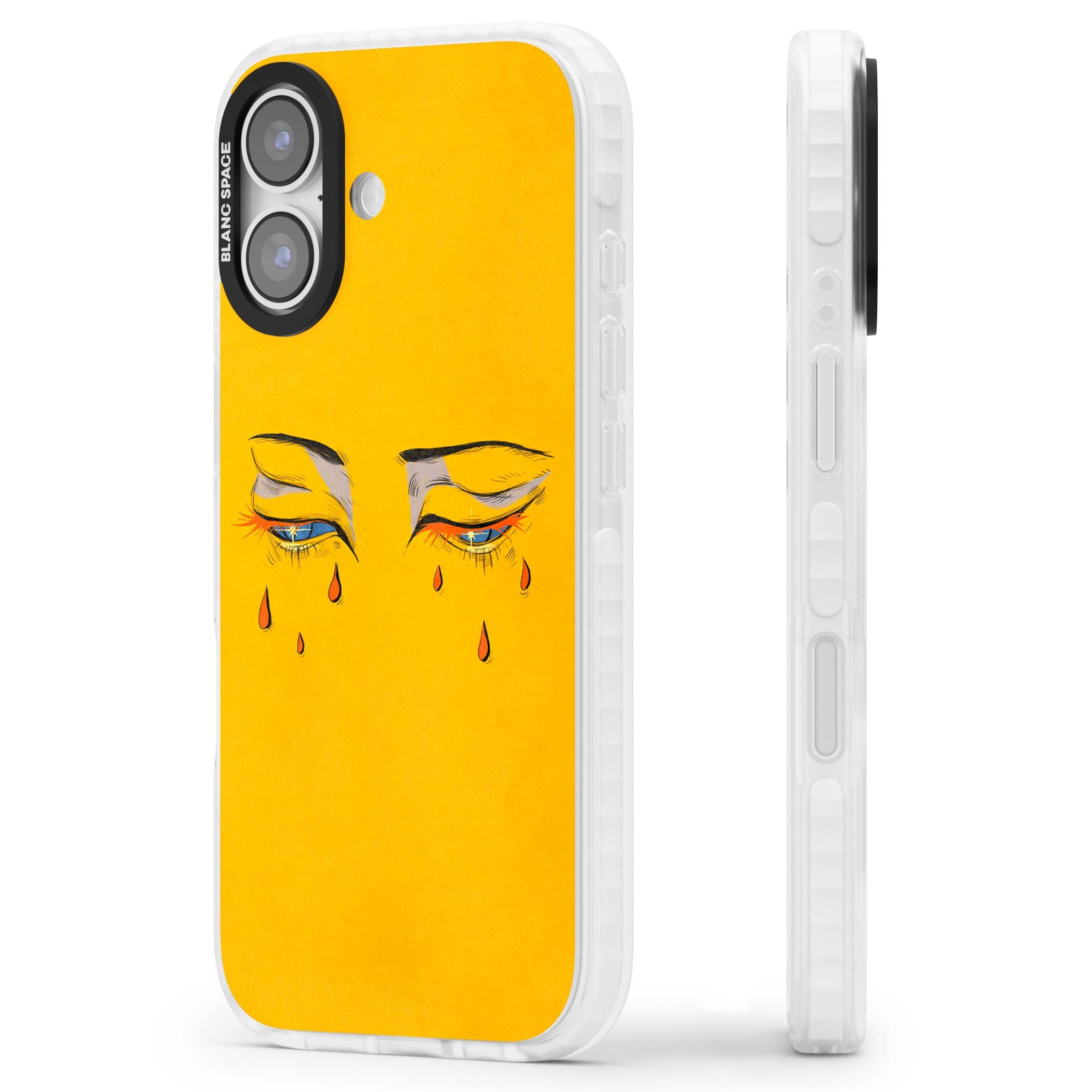 Yellow Tearful Eyes indie iPhone case featuring hand-drawn crying eyes with orange tears on a yellow background | Black Impact case for iPhone 17