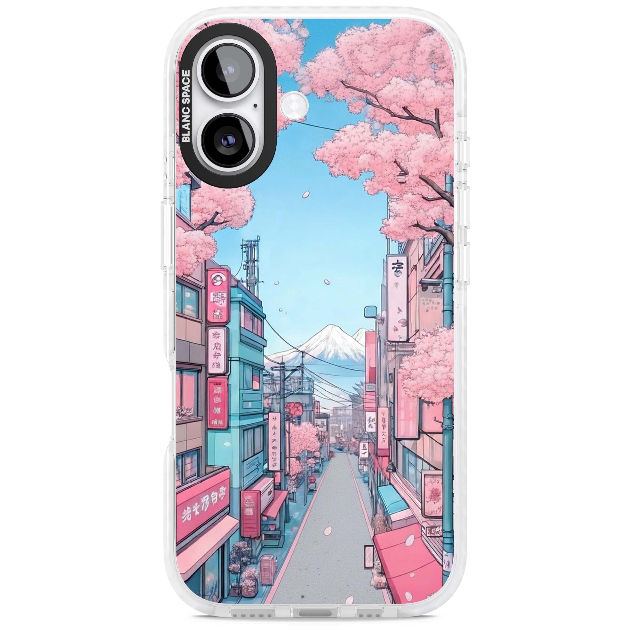 Sakura Lane anime iPhone case featuring Tokyo street scene with cherry blossoms and Mount Fuji | Black Impact case for iPhone 17