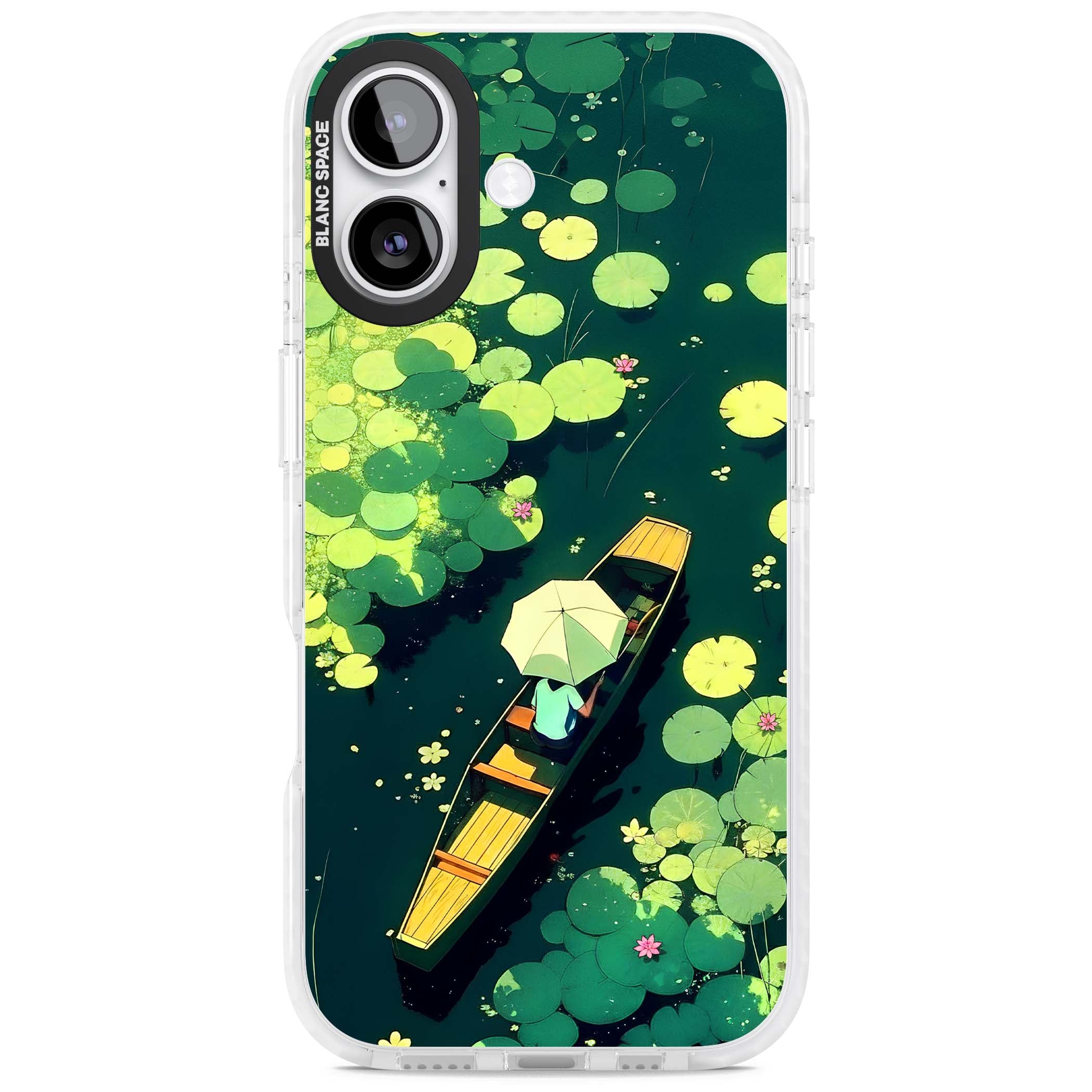 Jade Waters cottagecore iPhone case featuring a painted lily pond, wooden boat with parasol and floating water lilies | Black Impact case for iPhone 17
