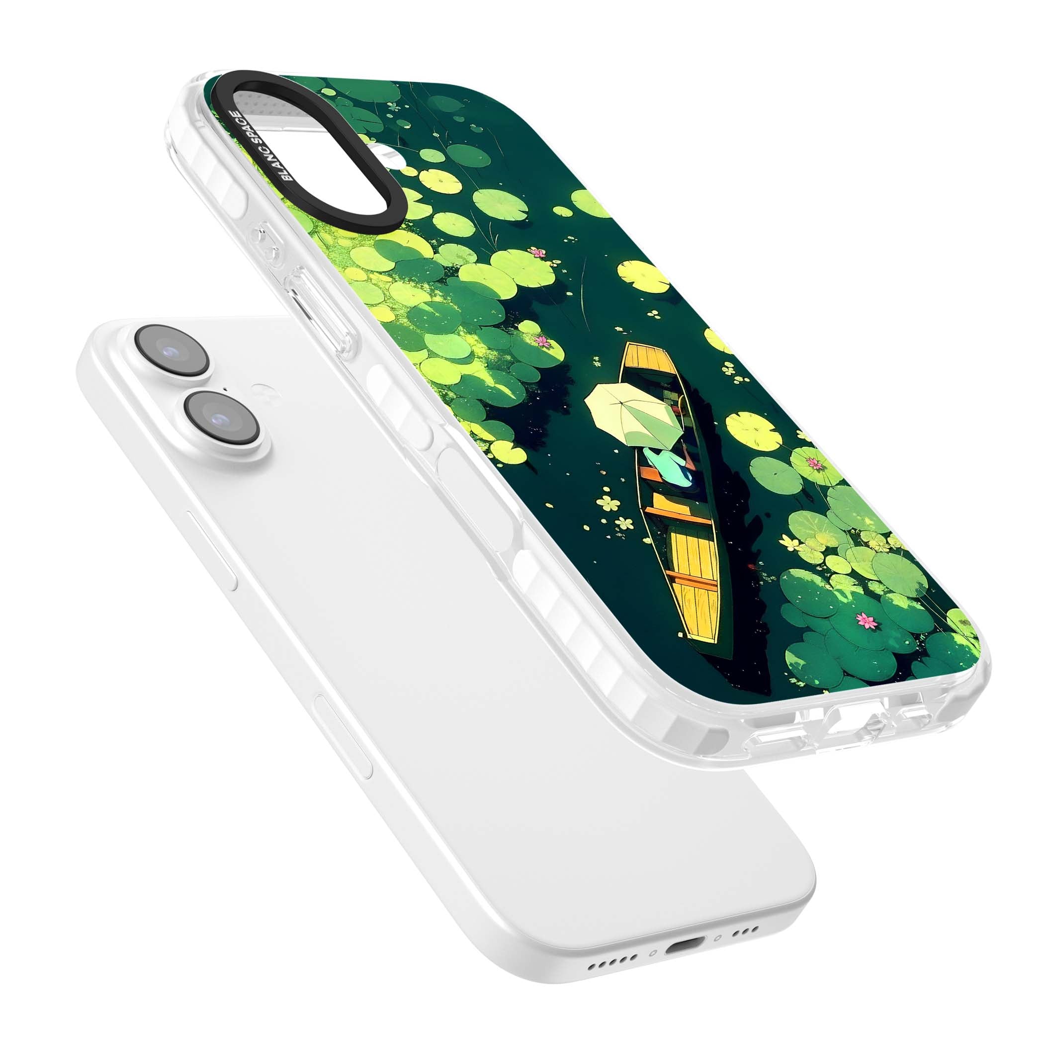 Jade Waters cottagecore iPhone case featuring a painted lily pond, wooden boat with parasol and floating water lilies | Black Impact case for iPhone 17