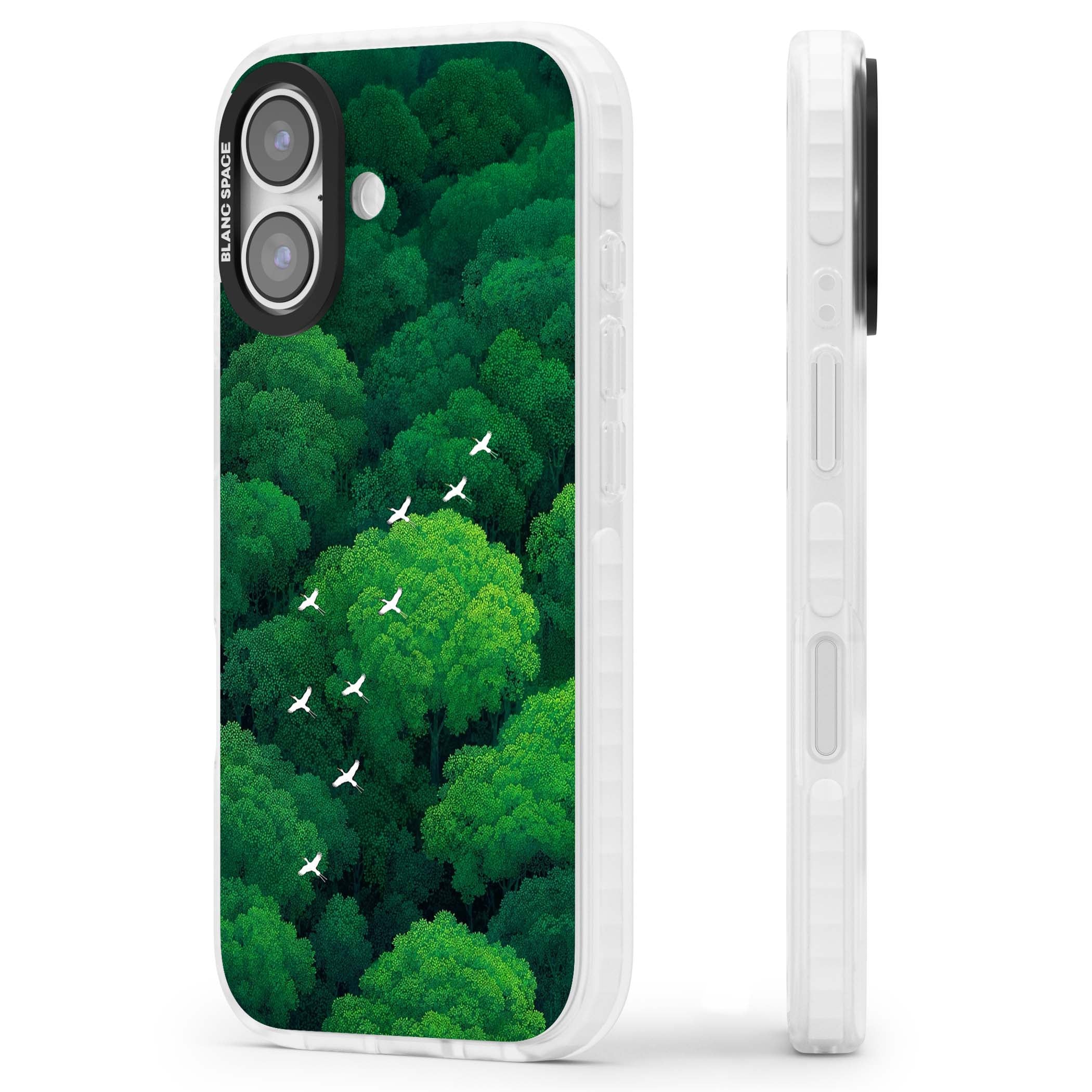 Grove Migration forest iPhone case featuring white cranes flying over lush green treetop canopy | Black Impact case for iPhone 17