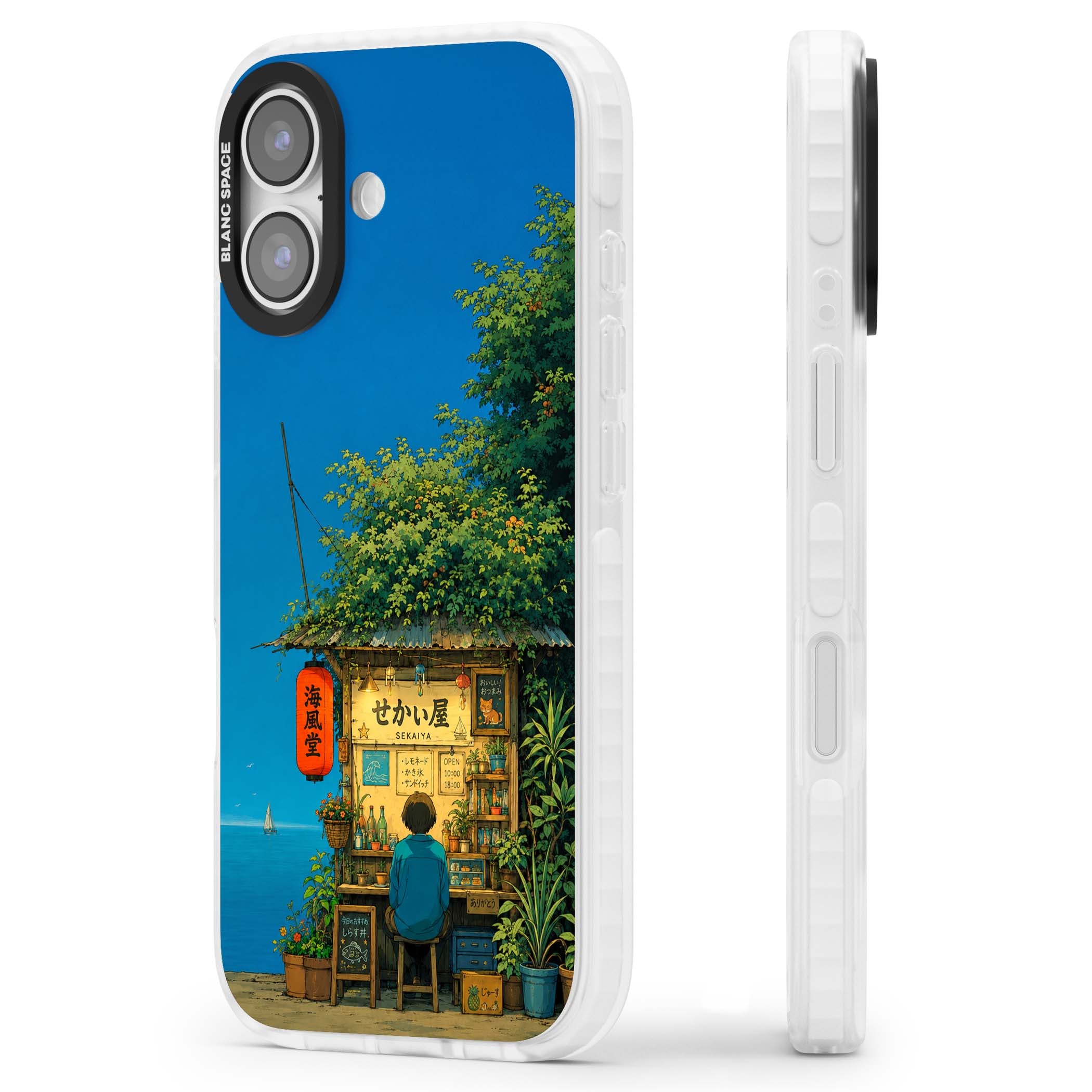 The Shirahama Kiosk anime iPhone case featuring a Japanese seaside shop, red paper lantern and ocean view | Black Impact case for iPhone 17
