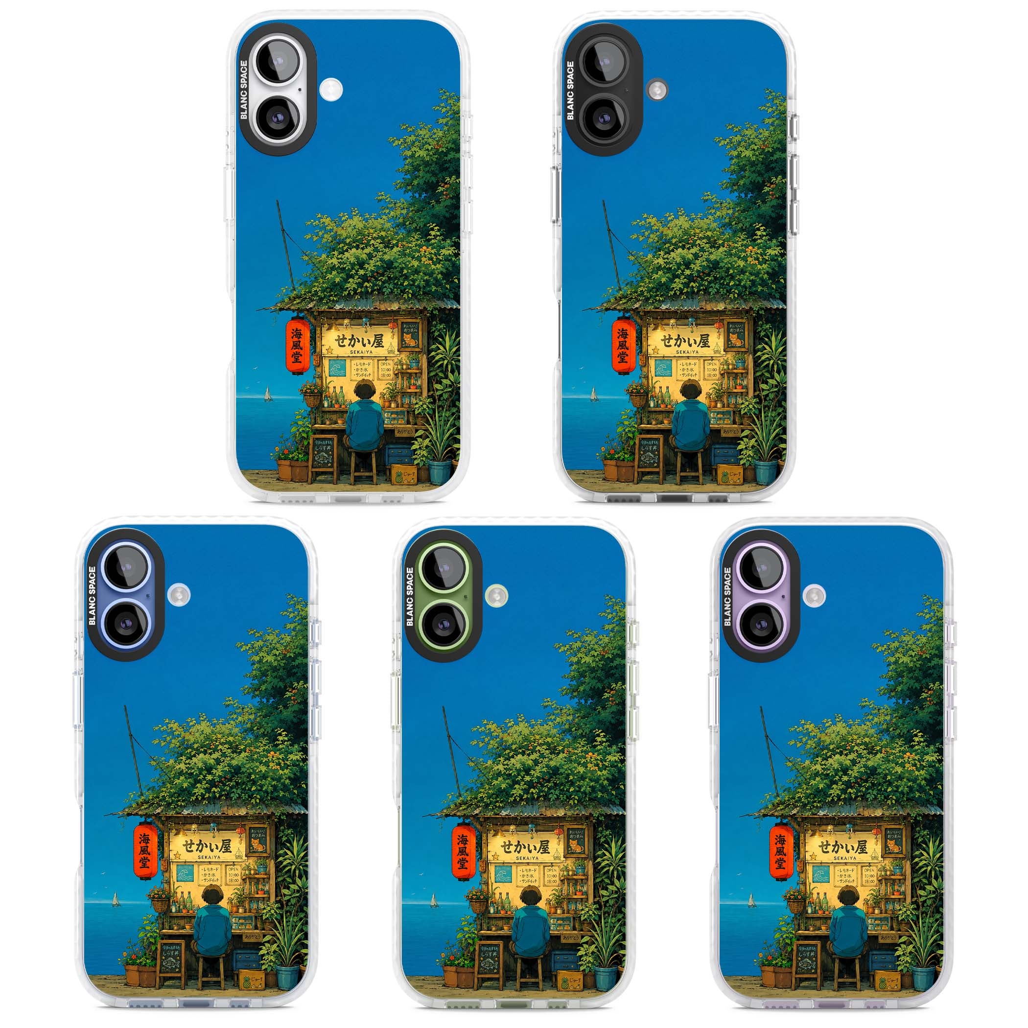The Shirahama Kiosk anime iPhone case featuring a Japanese seaside shop, red paper lantern and ocean view | Black Impact case for iPhone 17