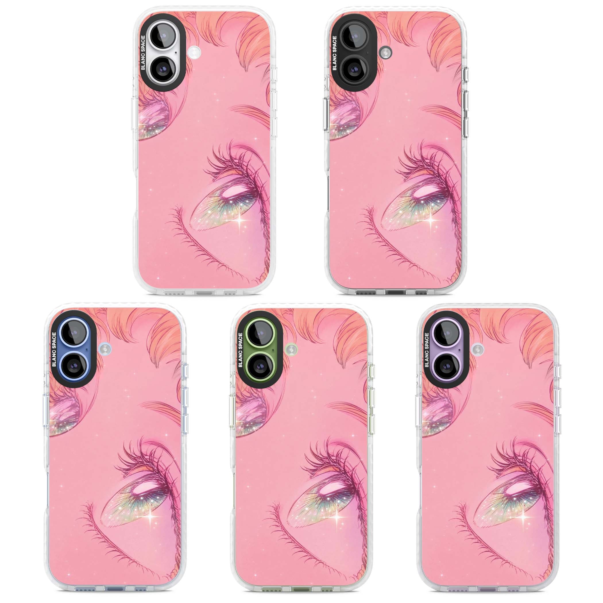 Pink Ethereal Gaze anime iPhone case featuring sparkling manga eyes, coral lashes and dreamy peach sky | Black Impact case for iPhone 17