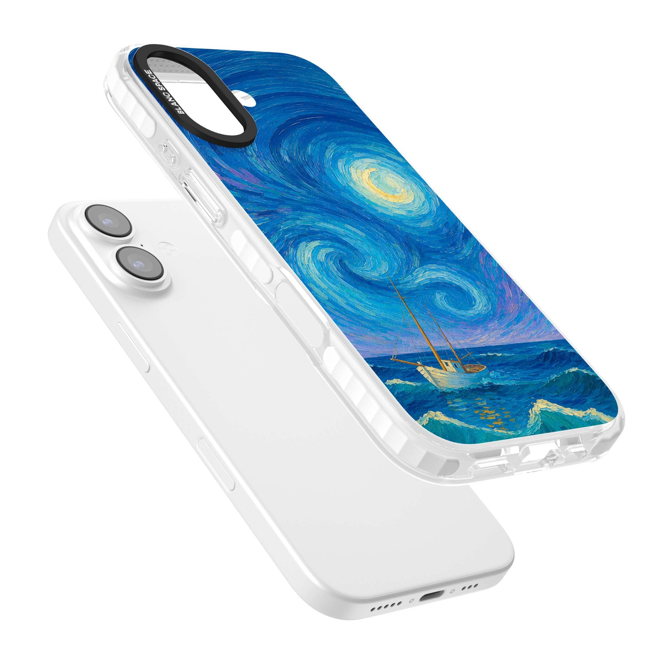 Moonlit Tide Van Gogh art iPhone case featuring swirling starry night sky, glowing moon and lone sailing boat at sea | Black Impact case for iPhone 17