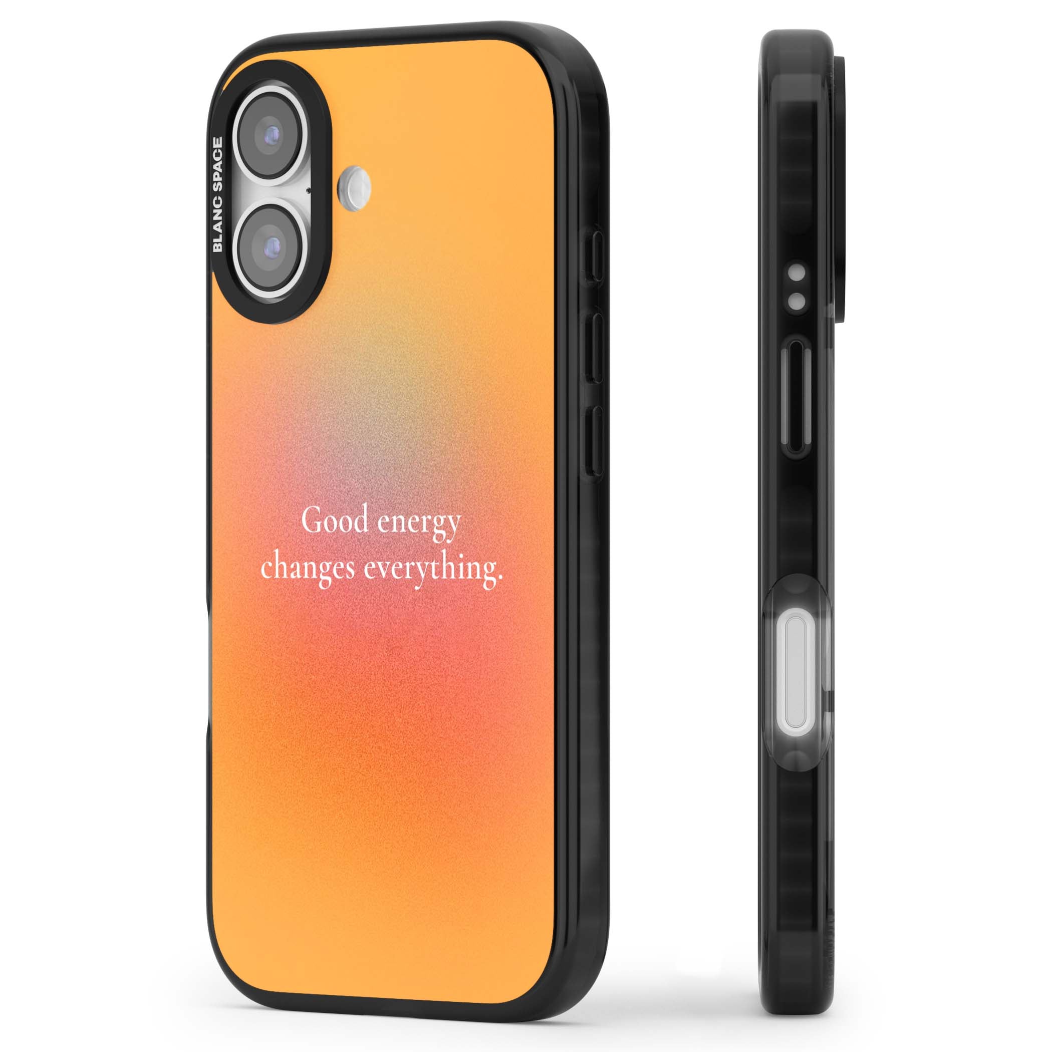 Good Energy quote iPhone case featuring an orange and pink aura gradient with white serif affirmation text | Clear Impact case for iPhone 17